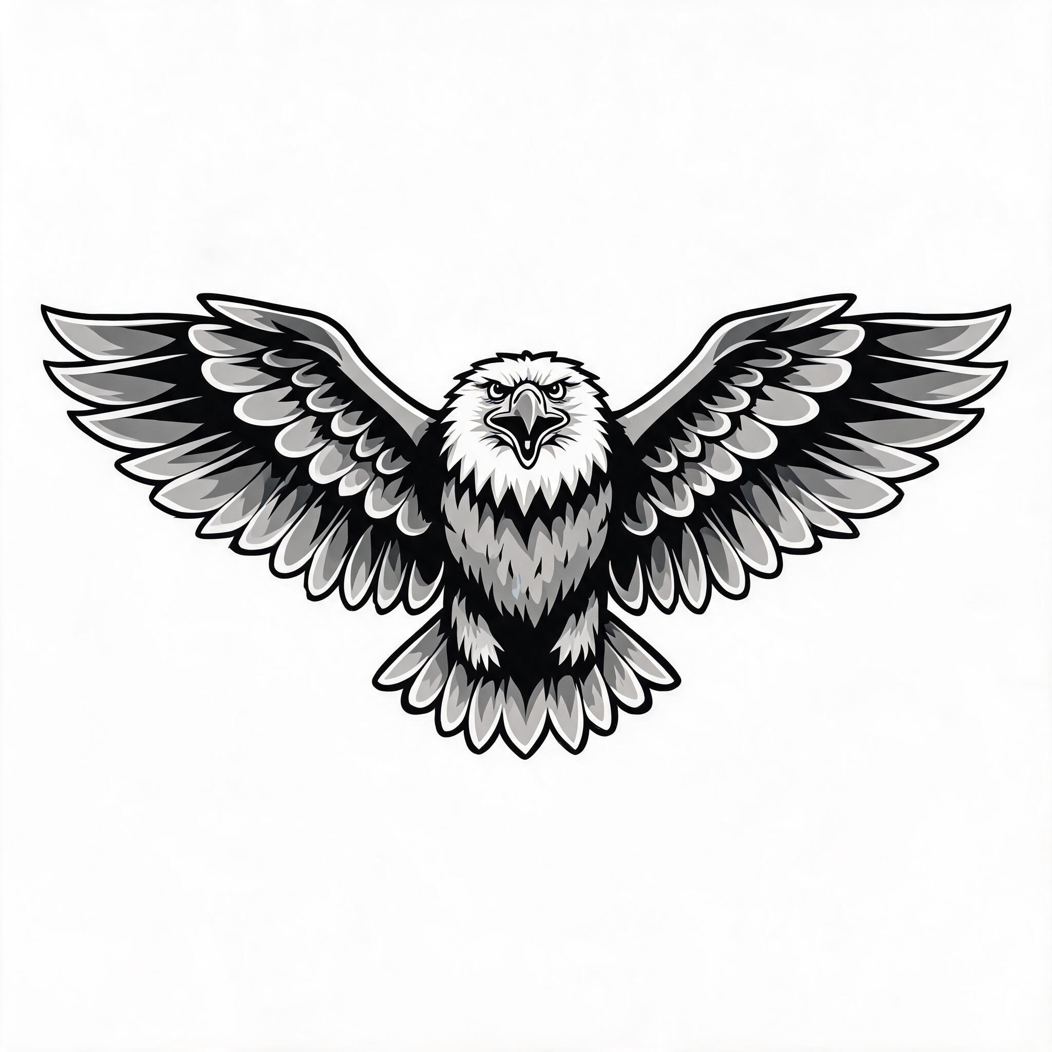 A black and grey American traditional tattoo image of a single eagle with spread wings.