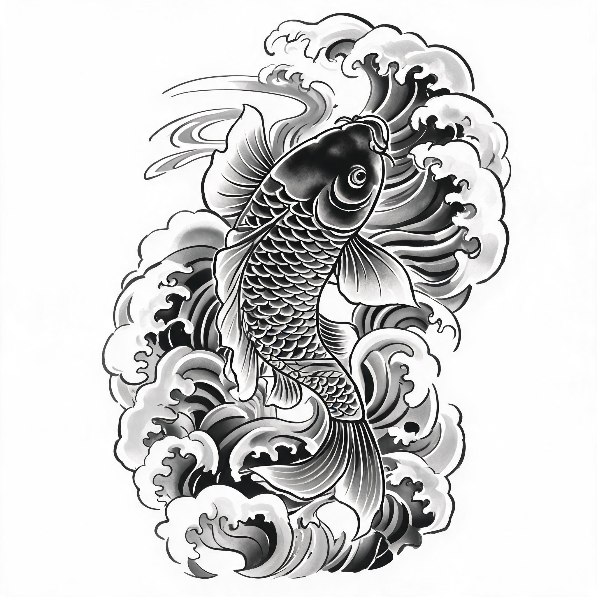 Black and grey Japanese Irezumi tattoo image of koi and waves on a white background.