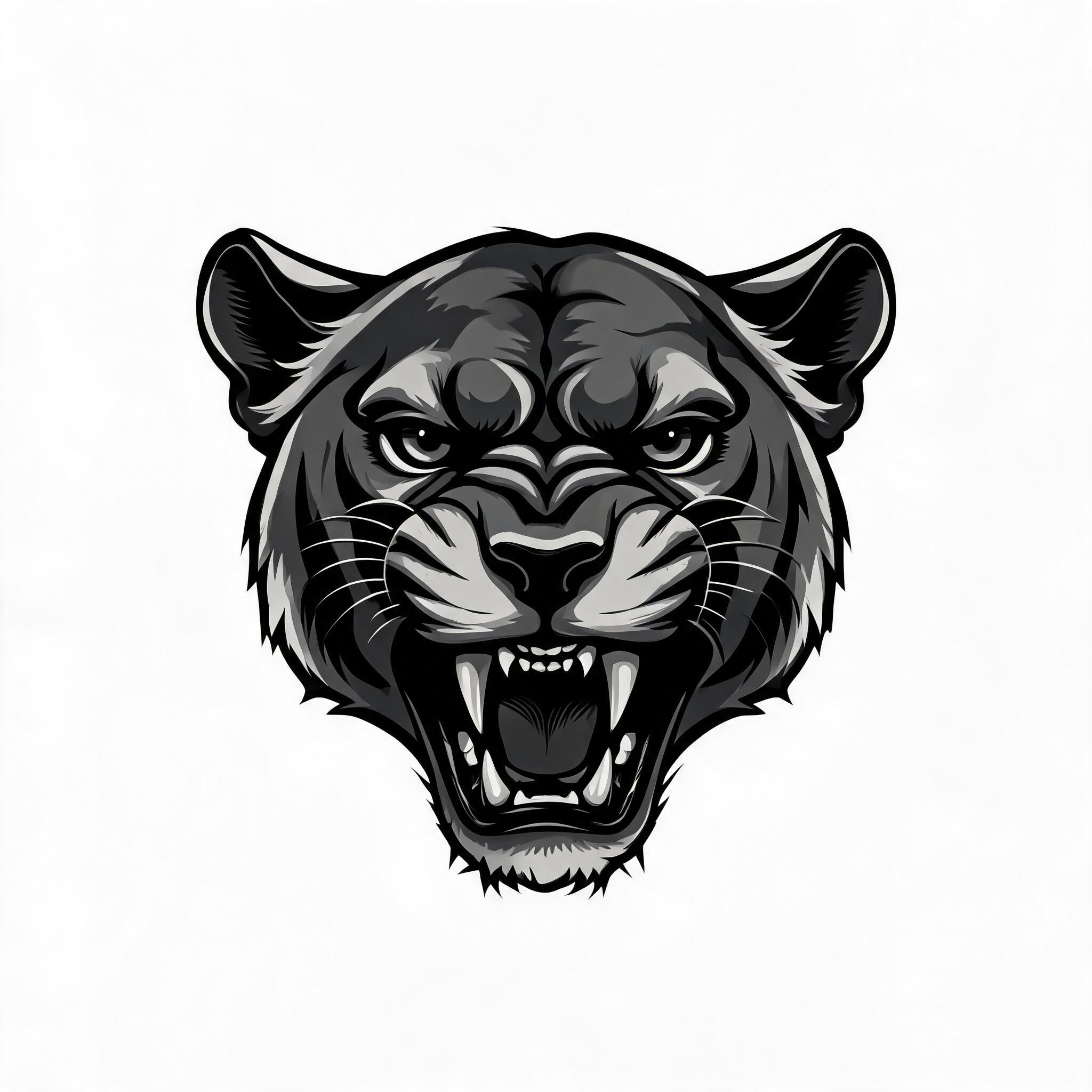 A blackwork tattoo image of a panther head with a snarling expression and bold solid fill.