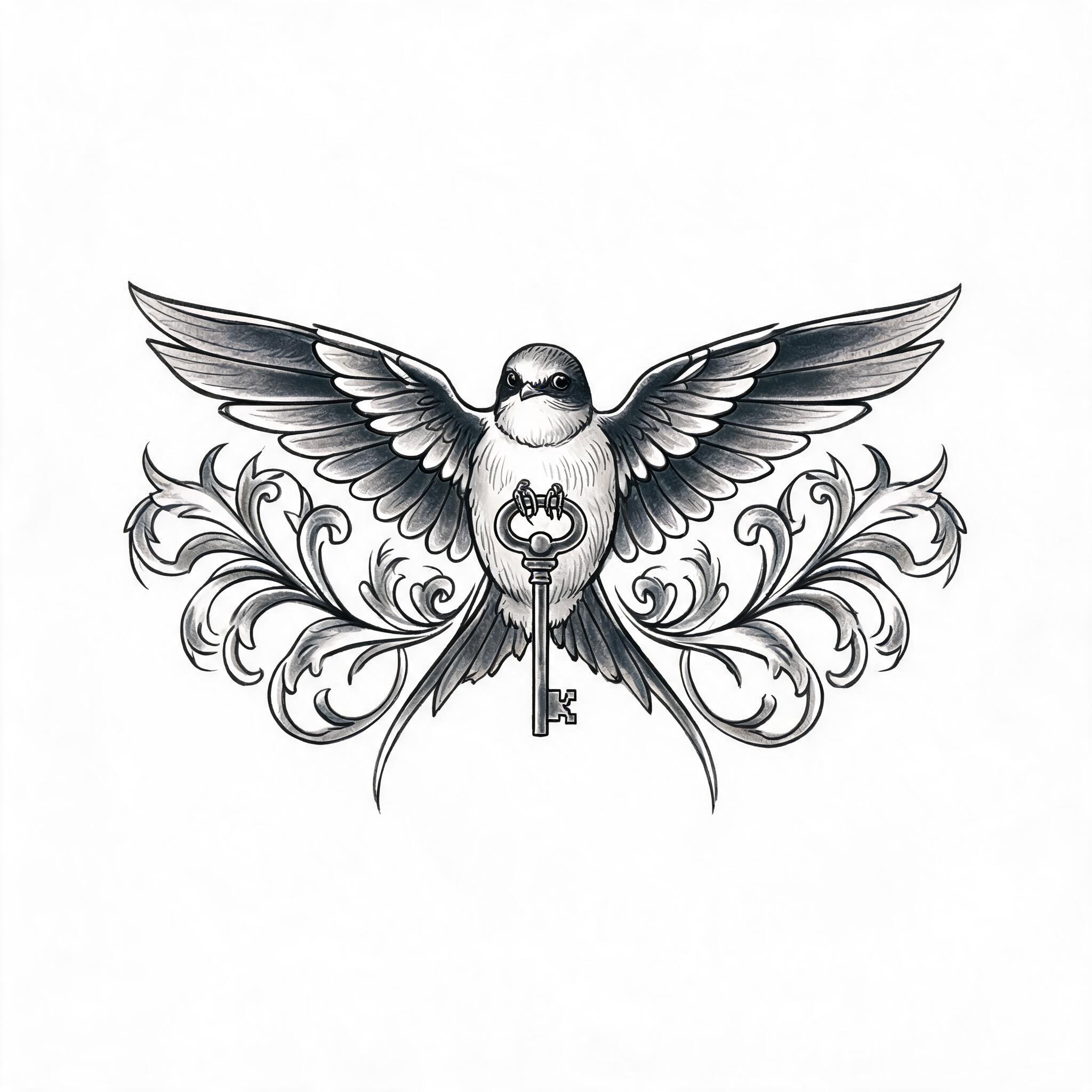 A black and grey tattoo image of a clockwork moth with a vintage key, shown on a clean white background.