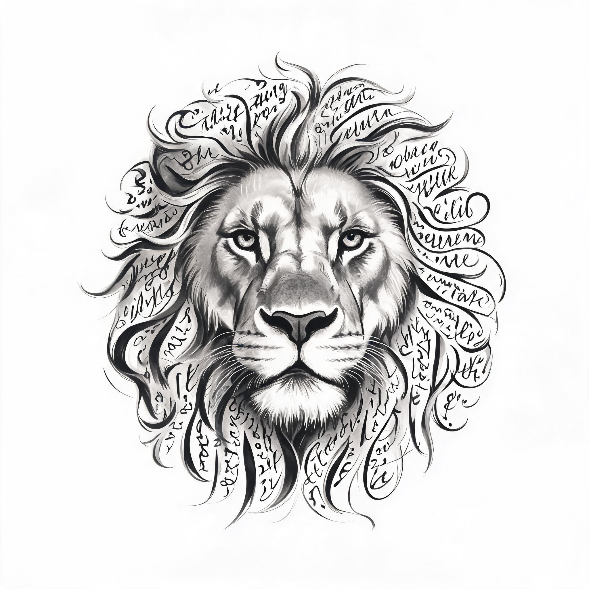 A black and grey tattoo image of a lion head rendered in flowing calligraphic brushstrokes.
