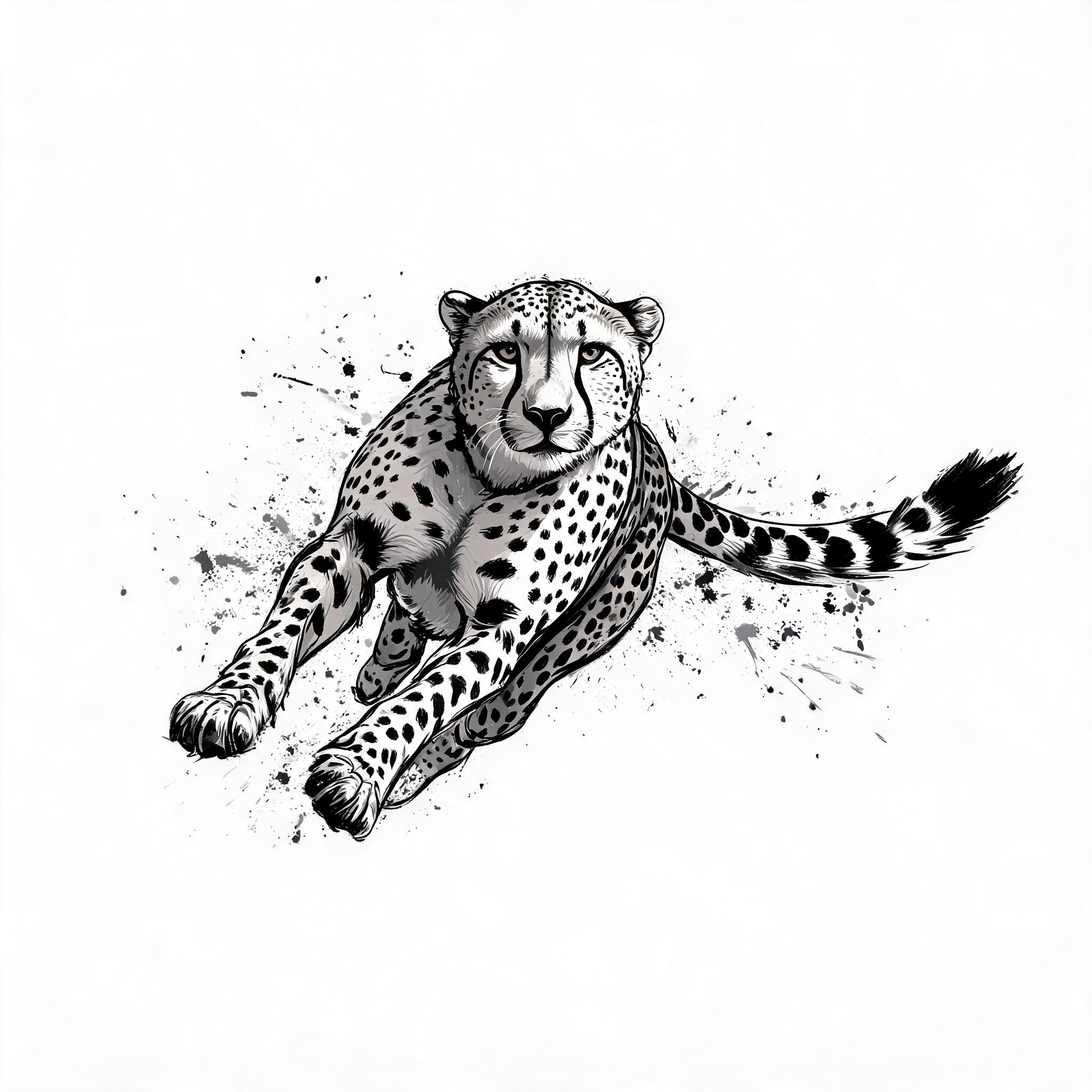 A tattoo image of a cheetah in full sprint rendered in trash polka style with black and grey ink.