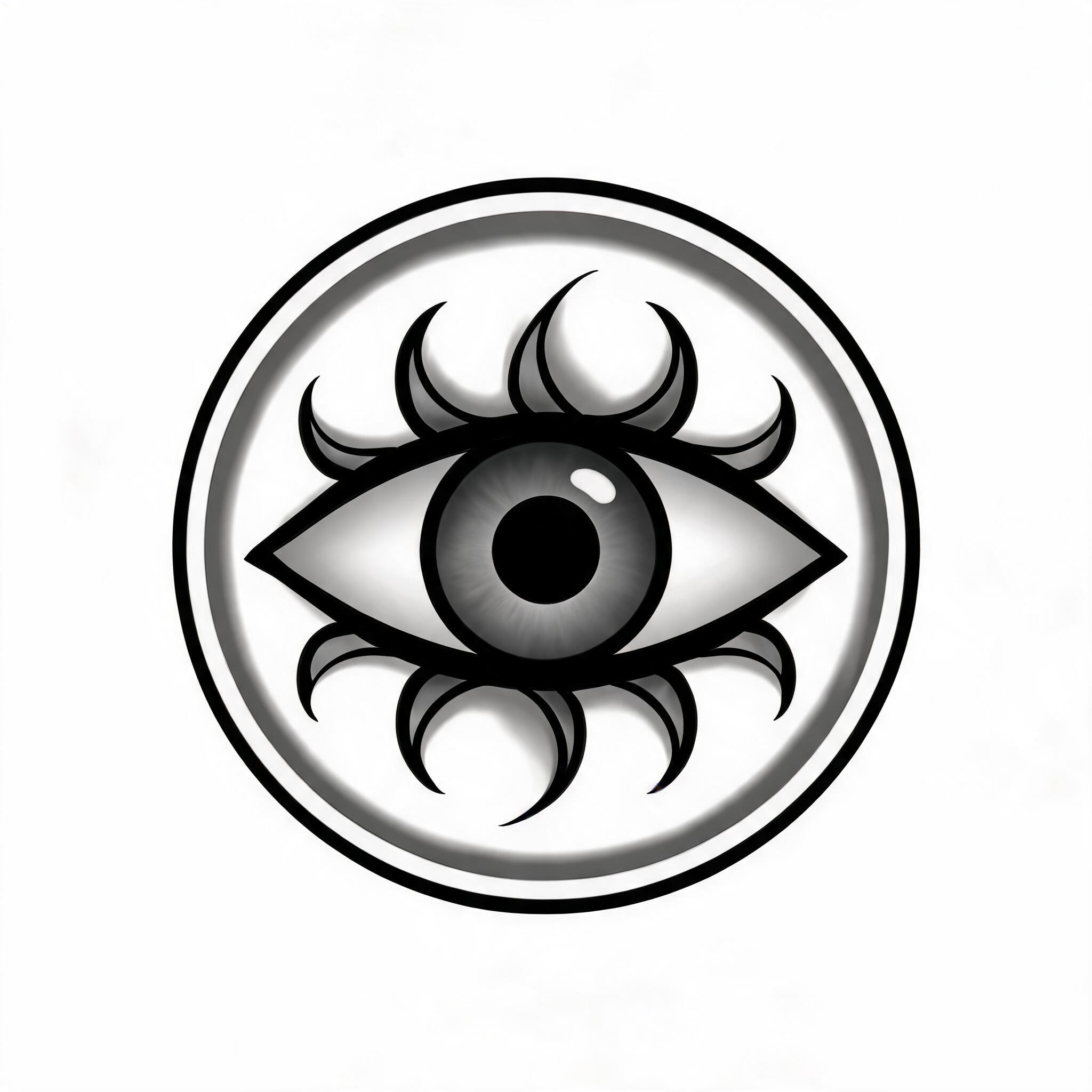A black and grey tattoo image of an evil eye talisman with concentric rings and soft greywash shading on a white background.