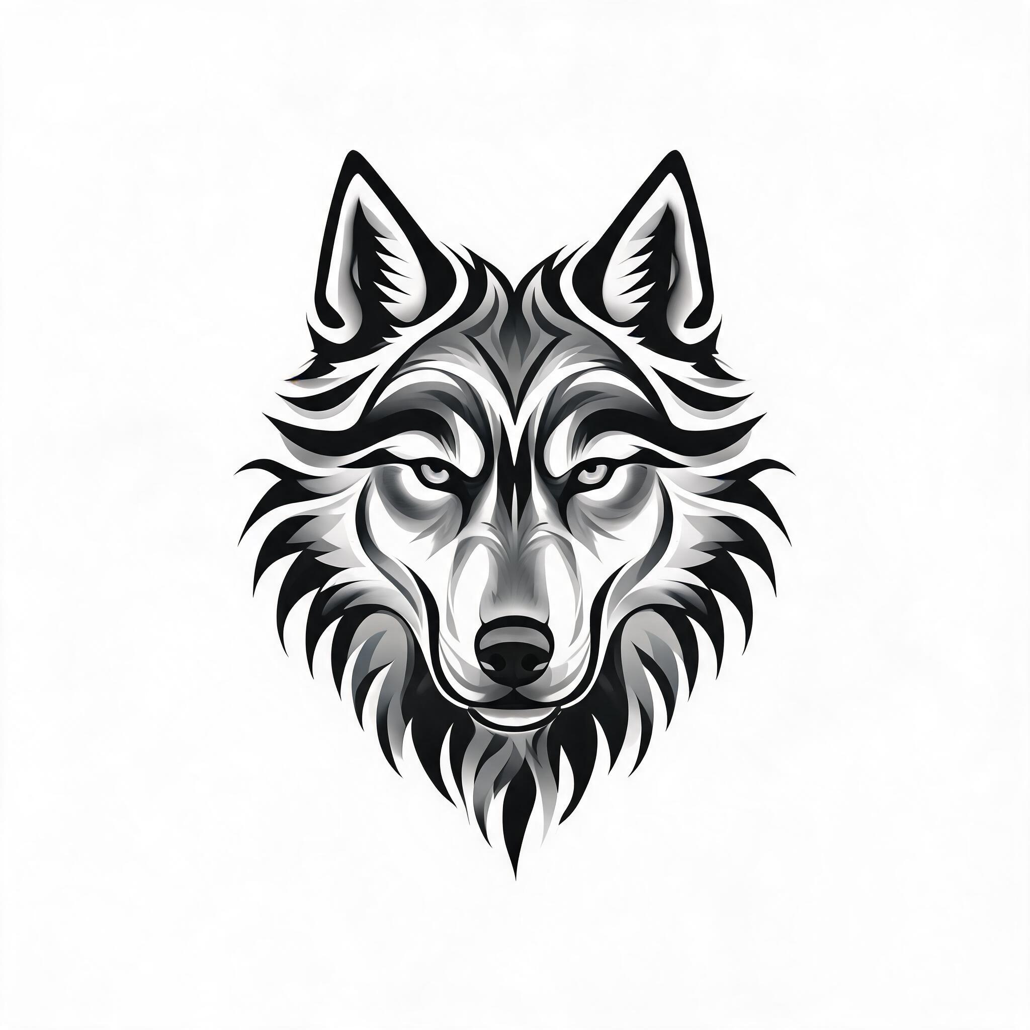 Black and grey tribal animal tattoo design with bold curved lines and greywash shading, presented on a plain white background.
