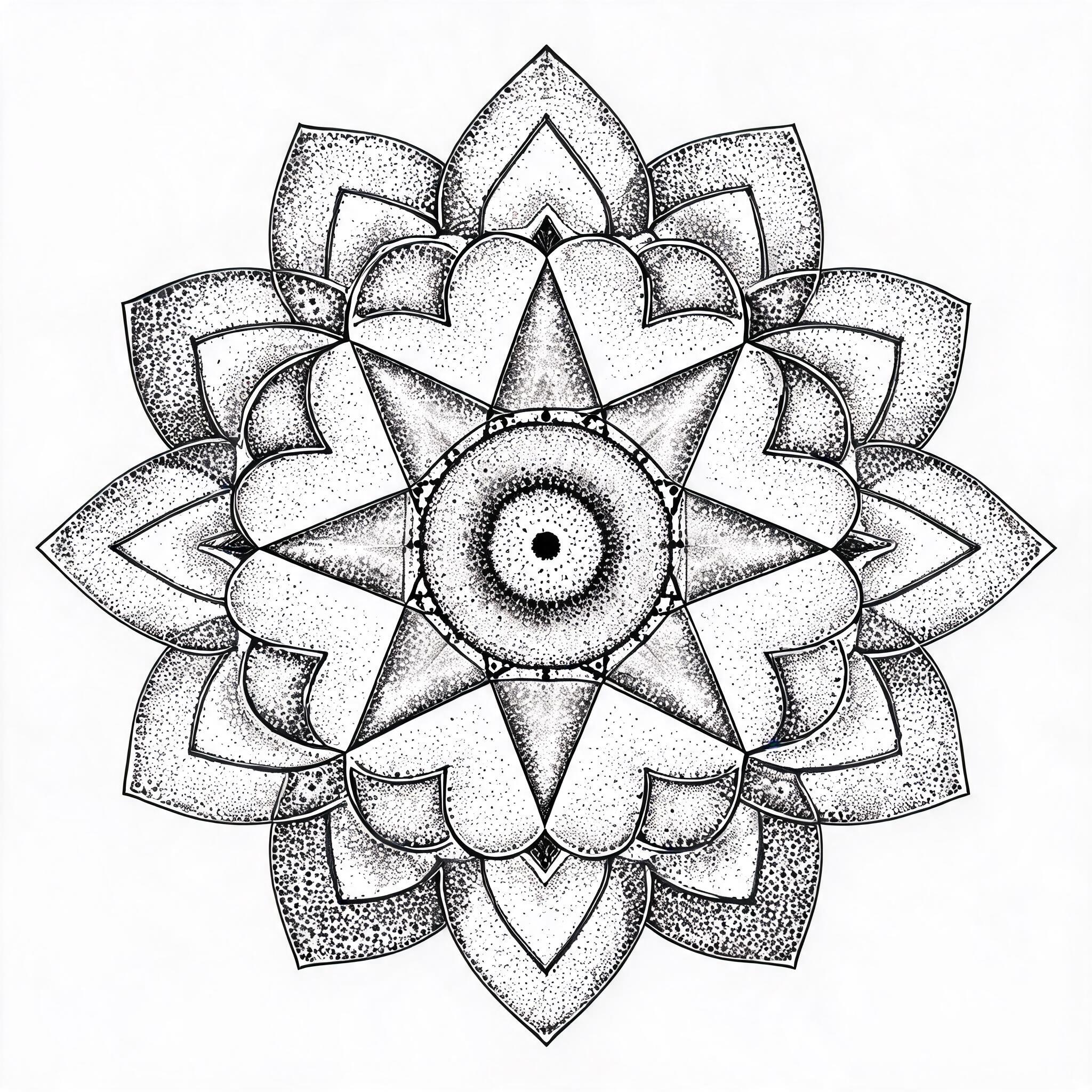 Altered image tattoo in geometric dotwork style, a symmetrical mandala-like motif on a plain pure white background.