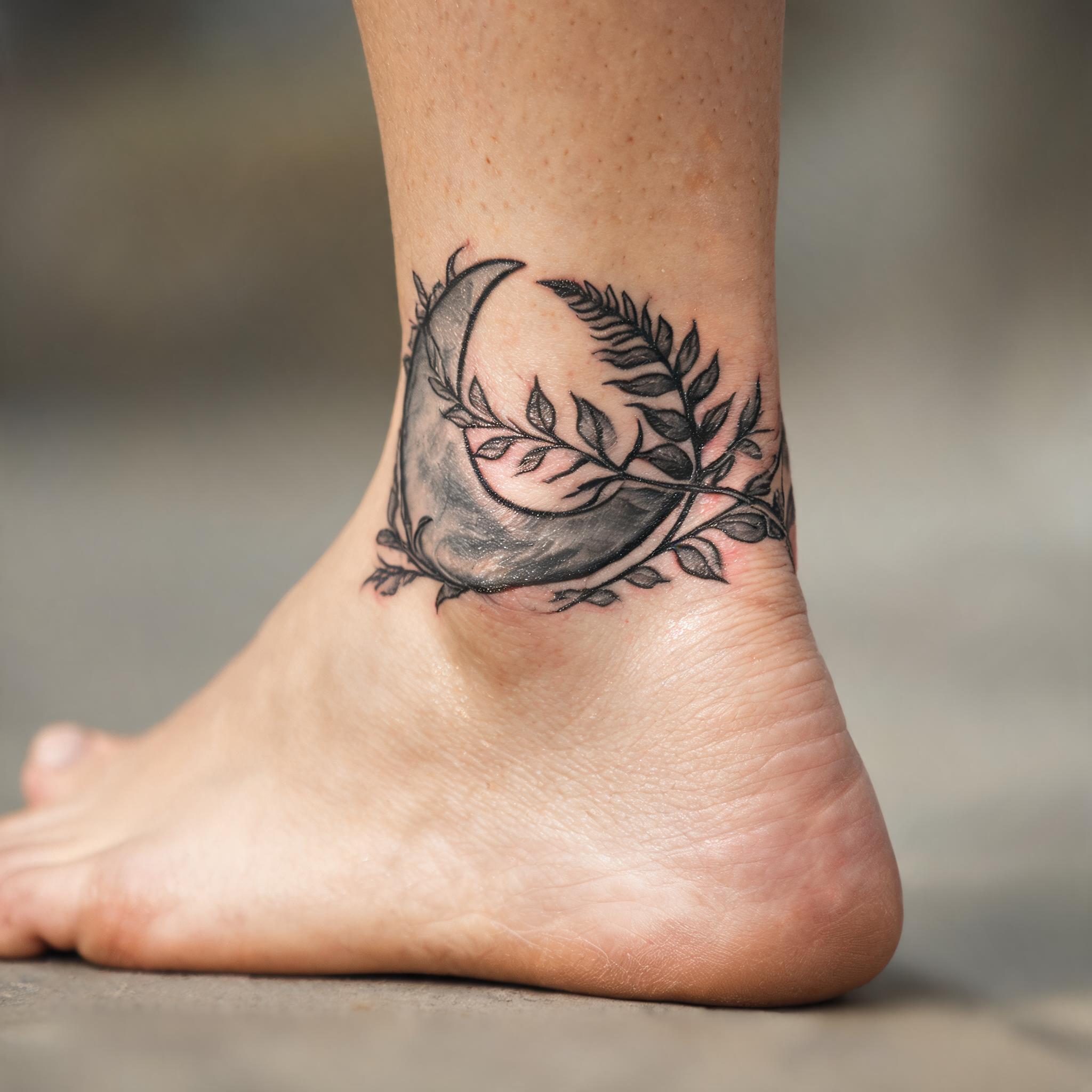 Neo-traditional mystic images tattoo on the ankle, bold black and grey linework with greywash shading, photographed on a neutral background.
