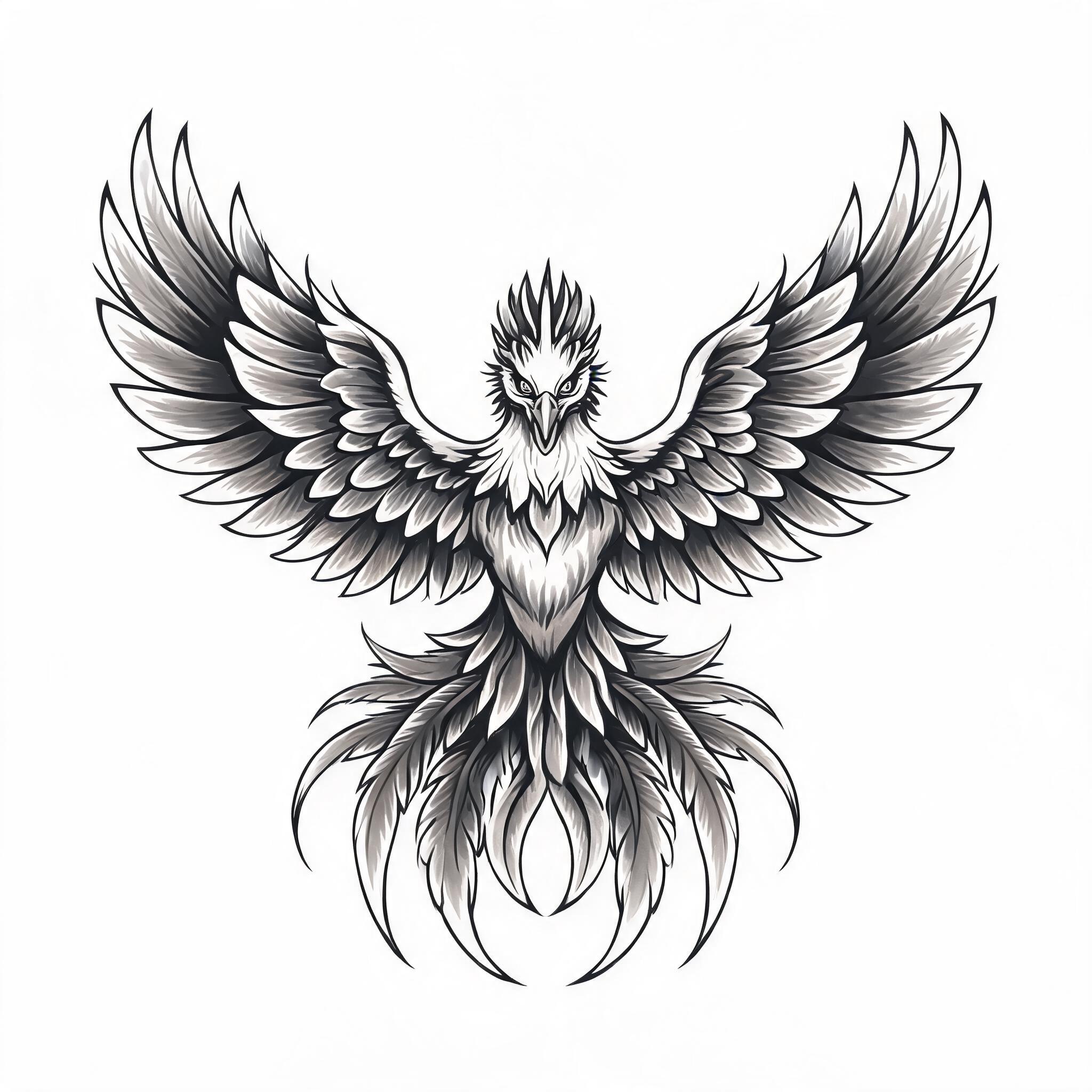 Black and grey tattoo image of a phoenix rising with spread wings and trailing tail feathers on a plain white background.