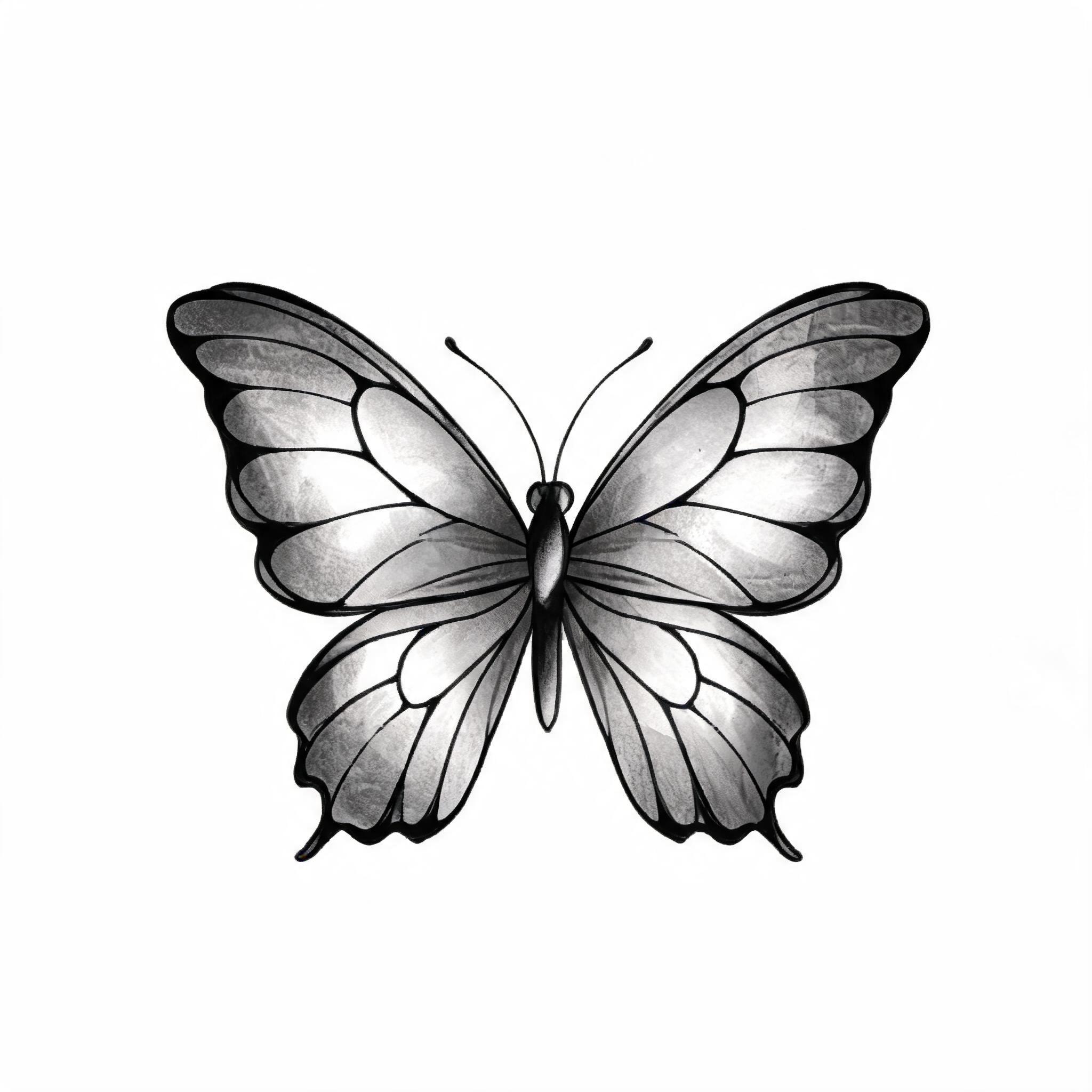 Black and grey butterfly tattoo image with soft greywash shading, shown as a clean tattoo design on a plain white background.