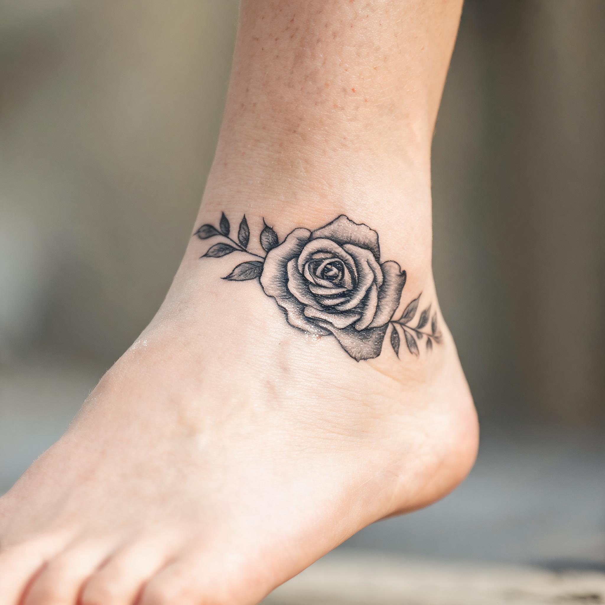 Black and grey rose tattoo image on an ankle, photorealistic close-up with soft greywash shading on a clean neutral background.
