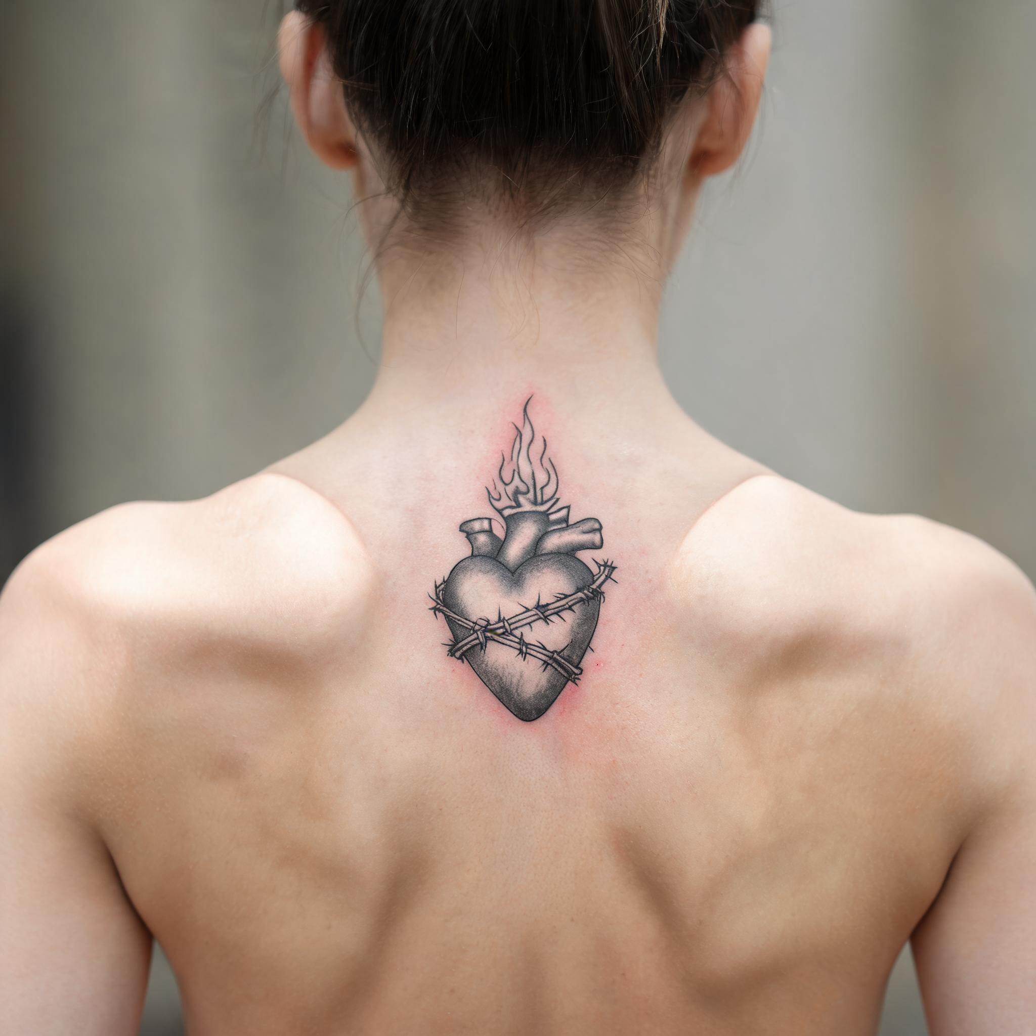 Black and grey realistic sacred heart tattoo on a person's upper back, shown against a clean neutral studio background.
