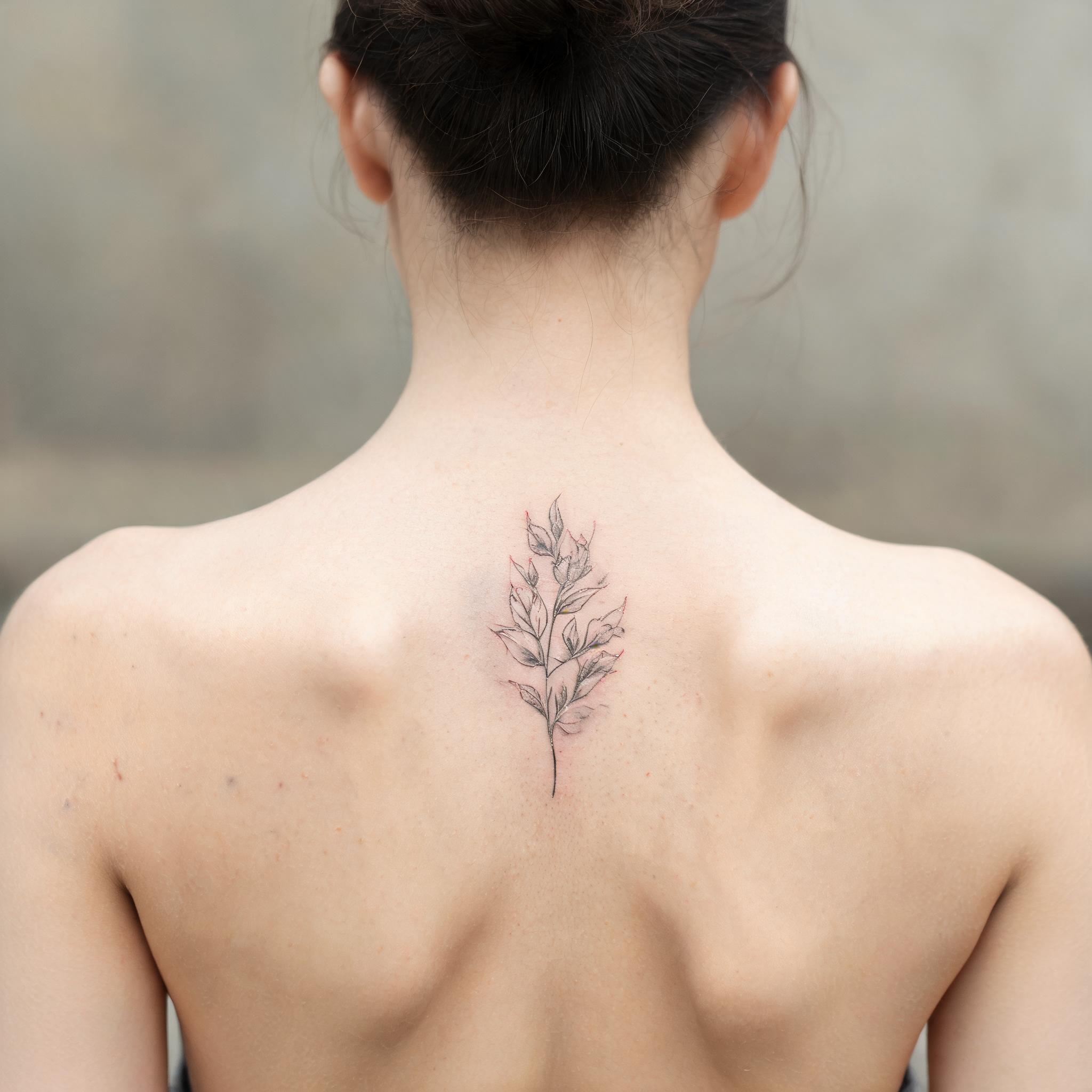 A fine line tattoo image for women on an upper back, delicate single-needle linework on white background.