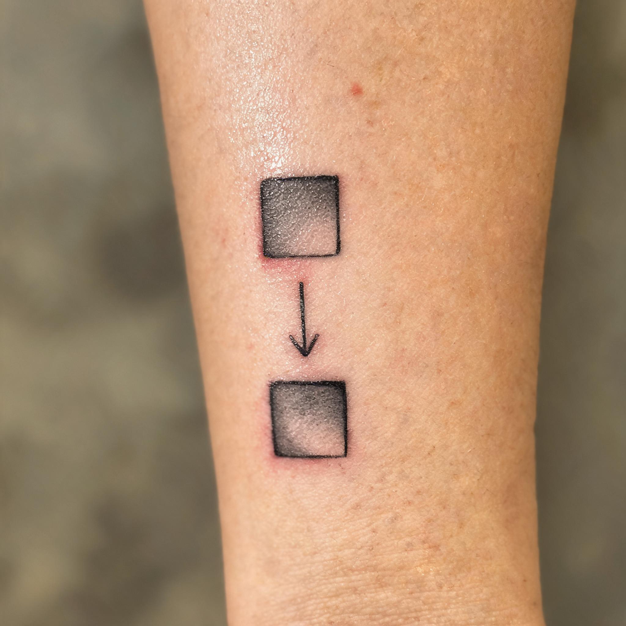 Minimalist black-and-grey tattoo of an image-to-tattoo converter on a person's inner forearm, shown on a clean white background as a tattoo image.