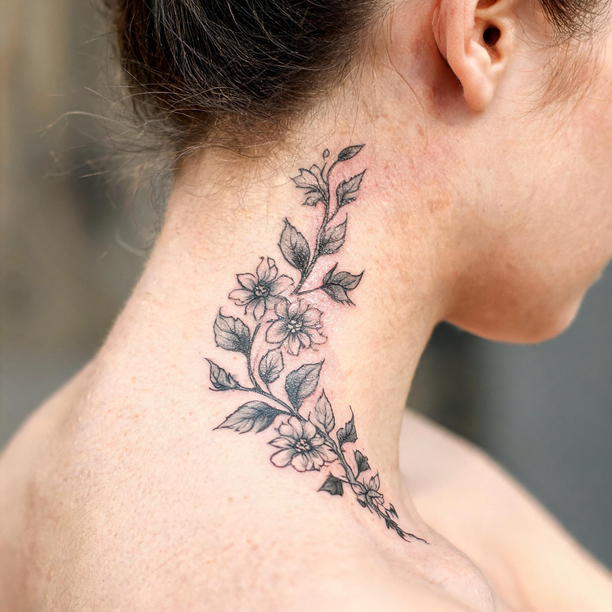 A black and grey realism tattoo image for women shown on the nape of the neck against a plain background.