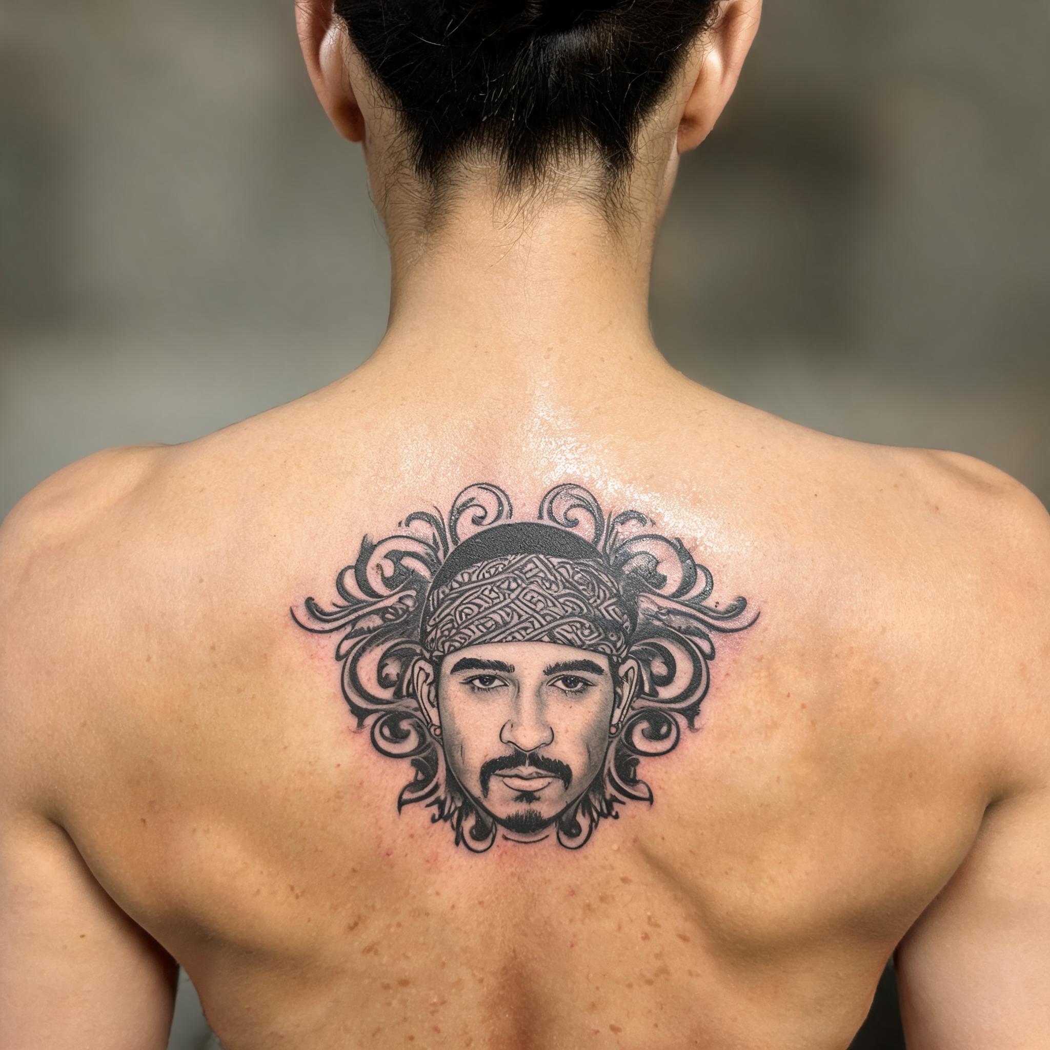Black and grey illustrative cholo tattoo images on an upper back, shown on skin against a plain neutral background as a tattoo image.