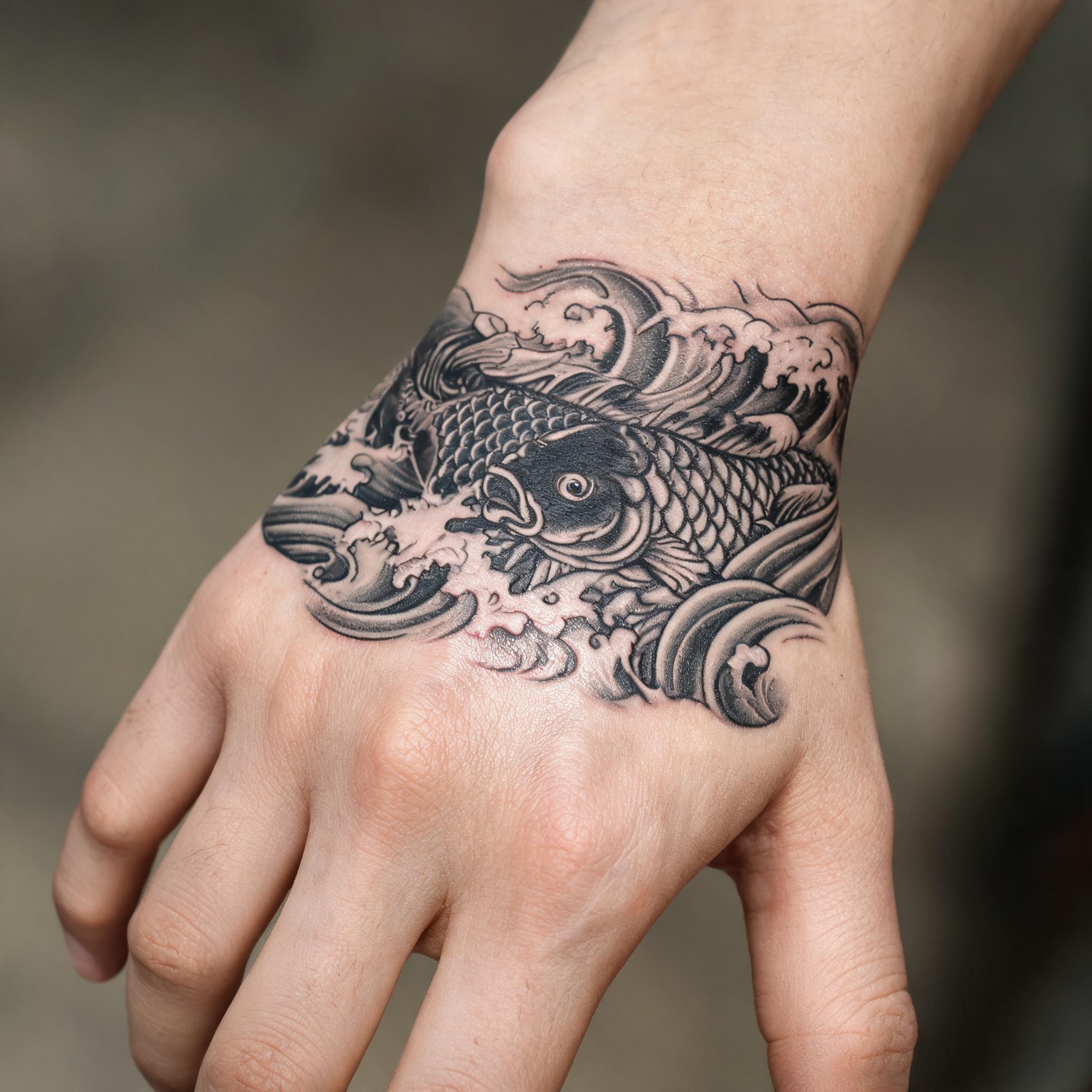 Small tattoo images in Japanese irezumi style with koi and waves on a wrist, shown as a black-and-grey tattoo on white background.