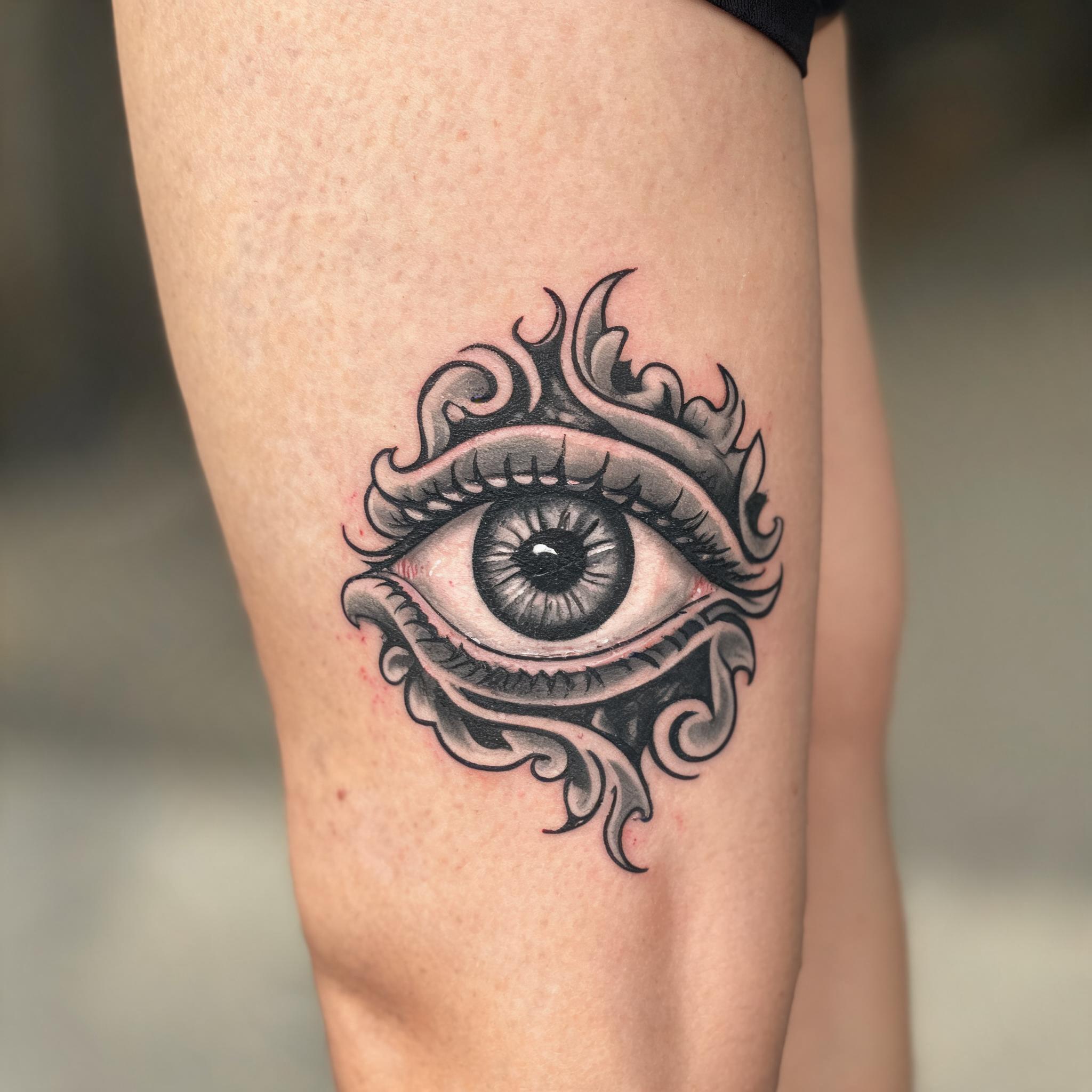 American traditional tattoo image of a mystic eye and banner motif on the outer thigh, black and grey ink on realistic skin.