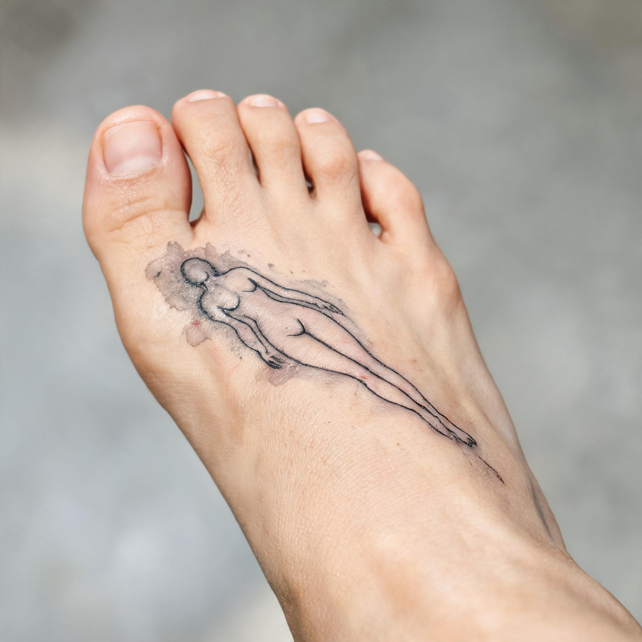 A watercolor-style body images tattoo on the top of a foot, shown in black and grey ink on a plain neutral background.
