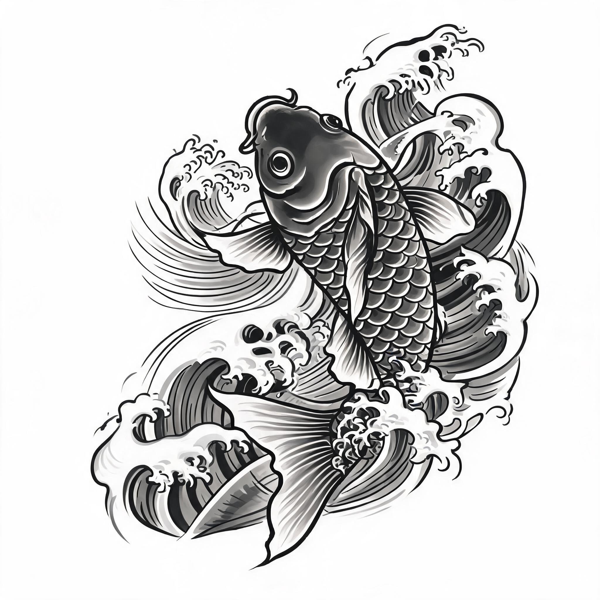Black and grey Japanese Irezumi tattoo image of MS 13 lettering with koi, waves and wind bars on a plain white background.