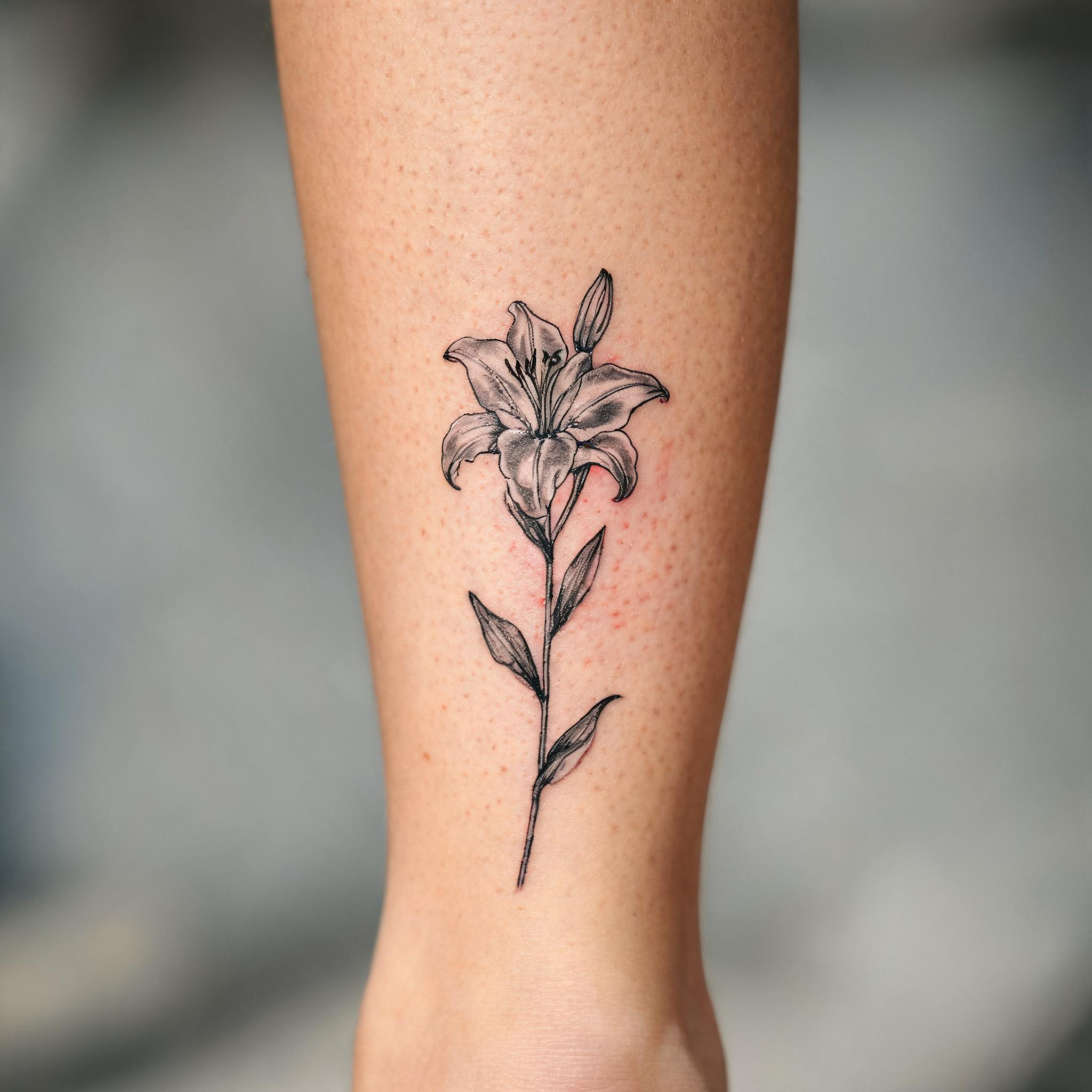 A black and grey illustrative lily flower tattoo on a person's shin, shown as a realistic tattoo image on natural skin with a neutral background.