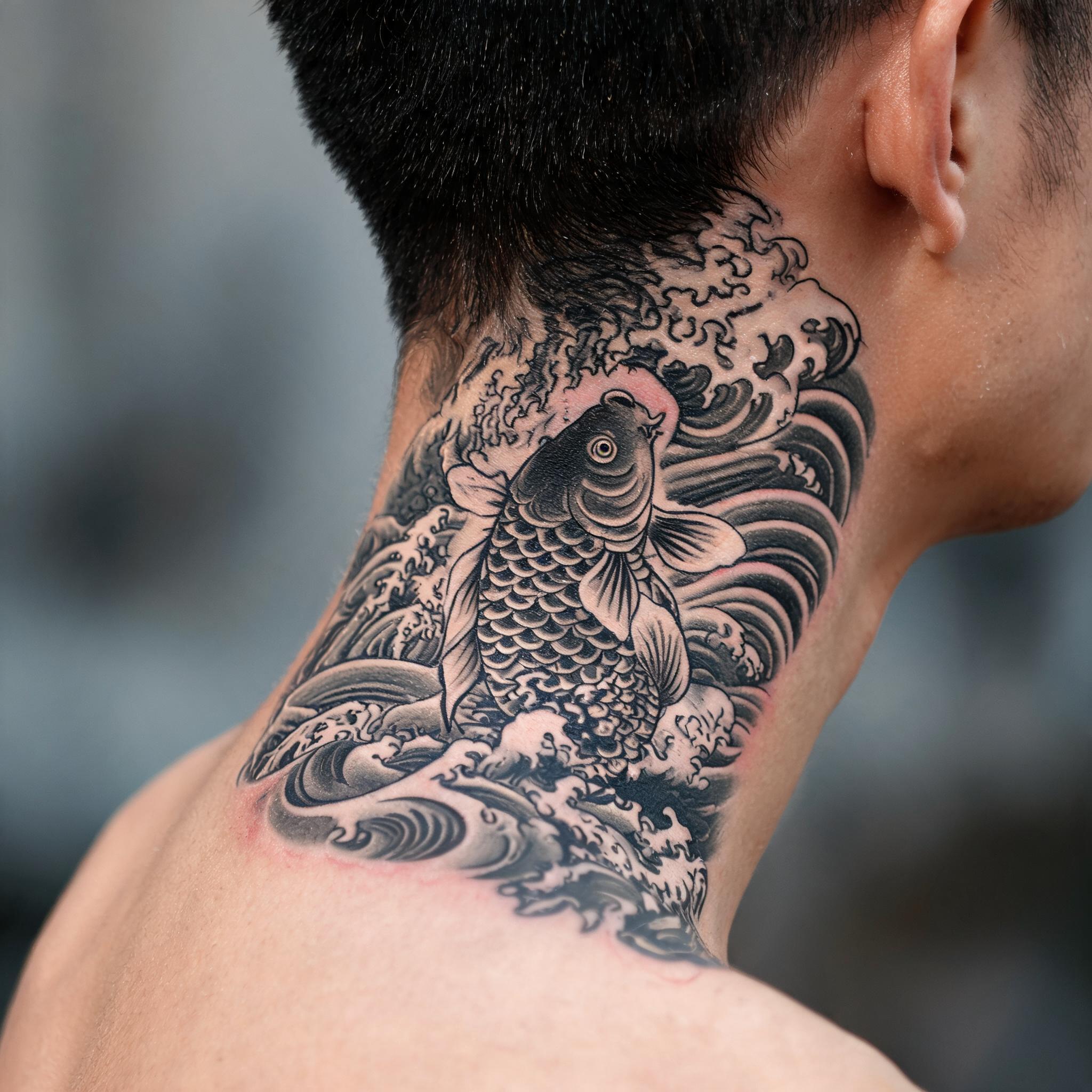 A black and grey Japanese irezumi koi and wave tattoo on the nape of a man's neck, photographed on real skin against a plain background.