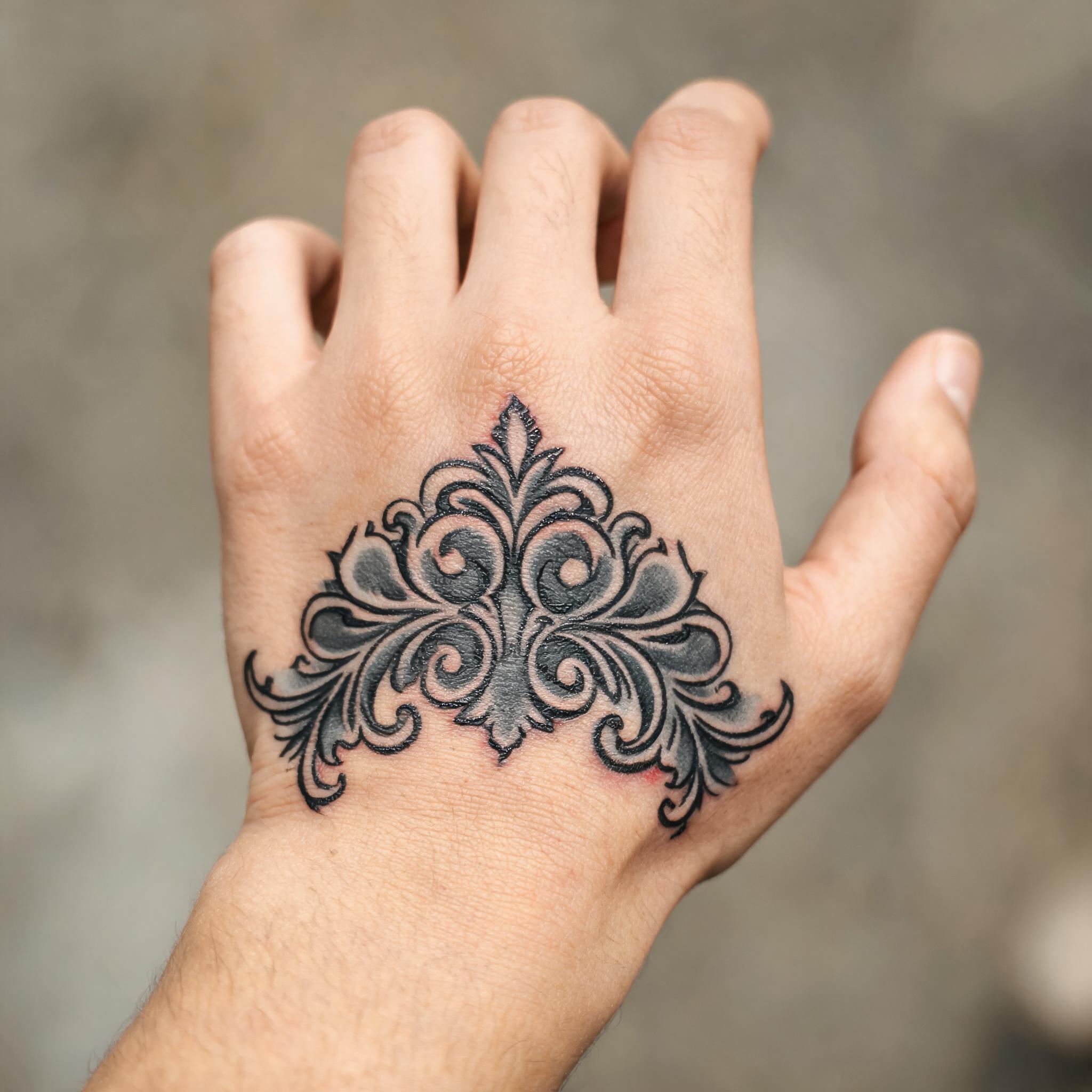 Black and grey American traditional filigree tattoo image on the back of a hand, shown on a clean white background as a tattoo image.