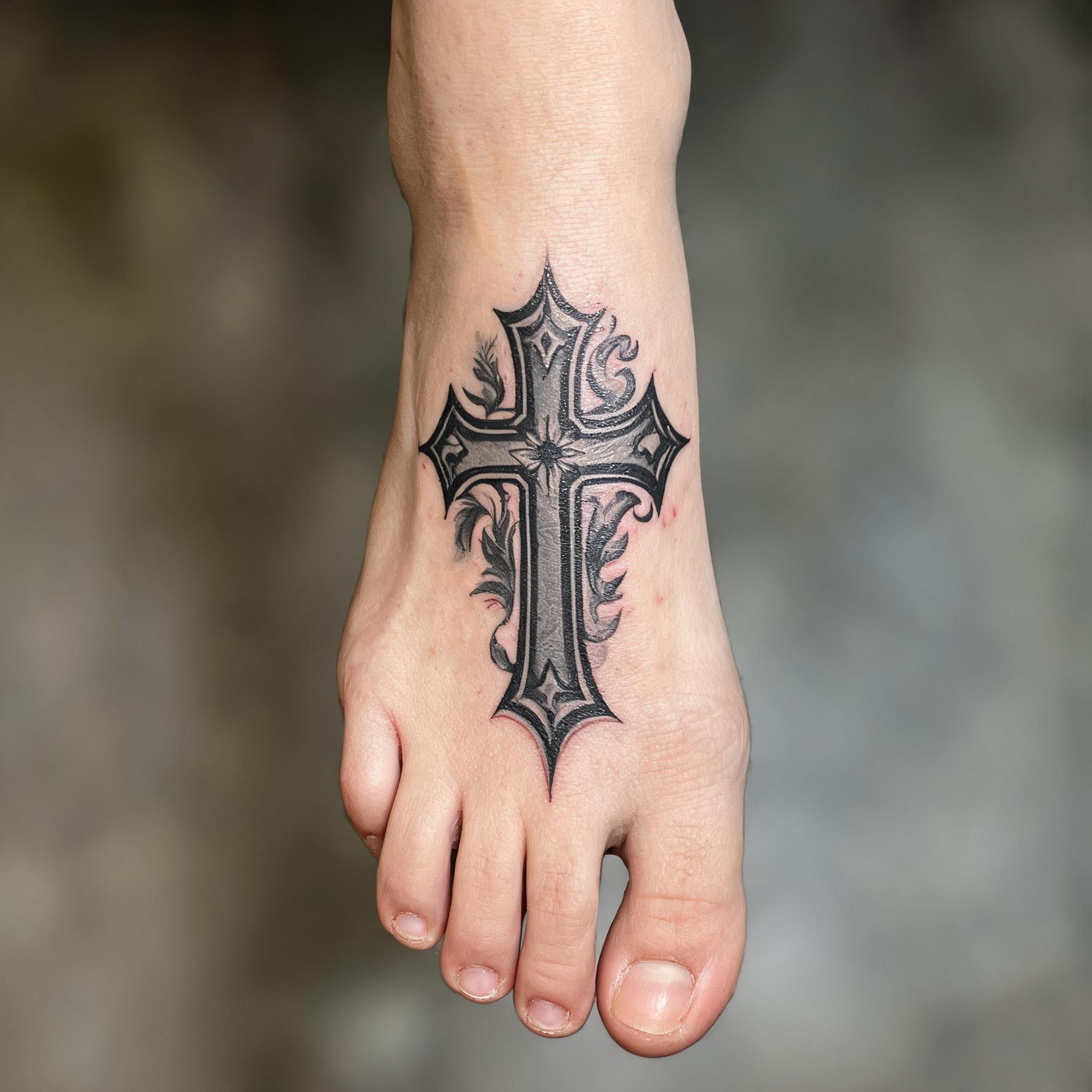 A black and grey neo-traditional cross tattoo image on the top of a foot, shown against a clean neutral background.