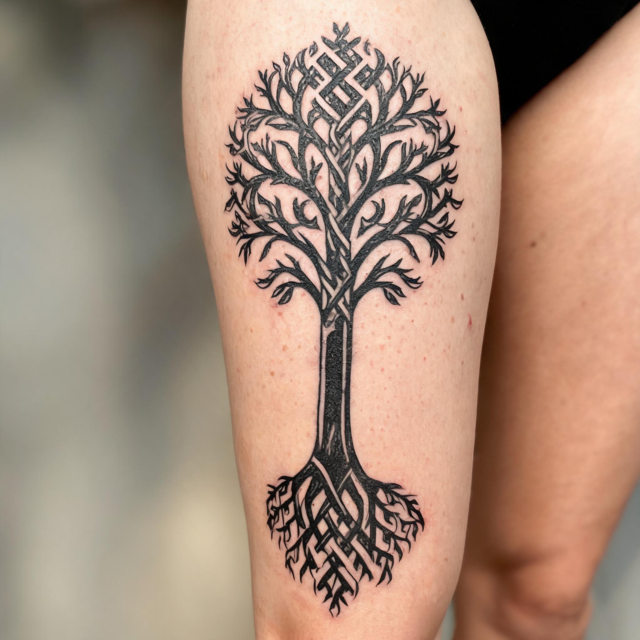 Blackwork Celtic tree of life tattoo image on the outer thigh, shown in black and grey ink against a clean white background.