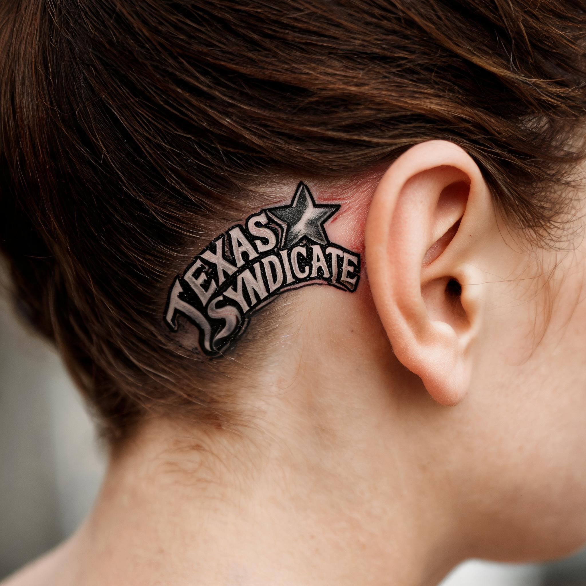 A black and grey American traditional tattoo image of Texas syndicate motifs placed behind the ear on real skin.