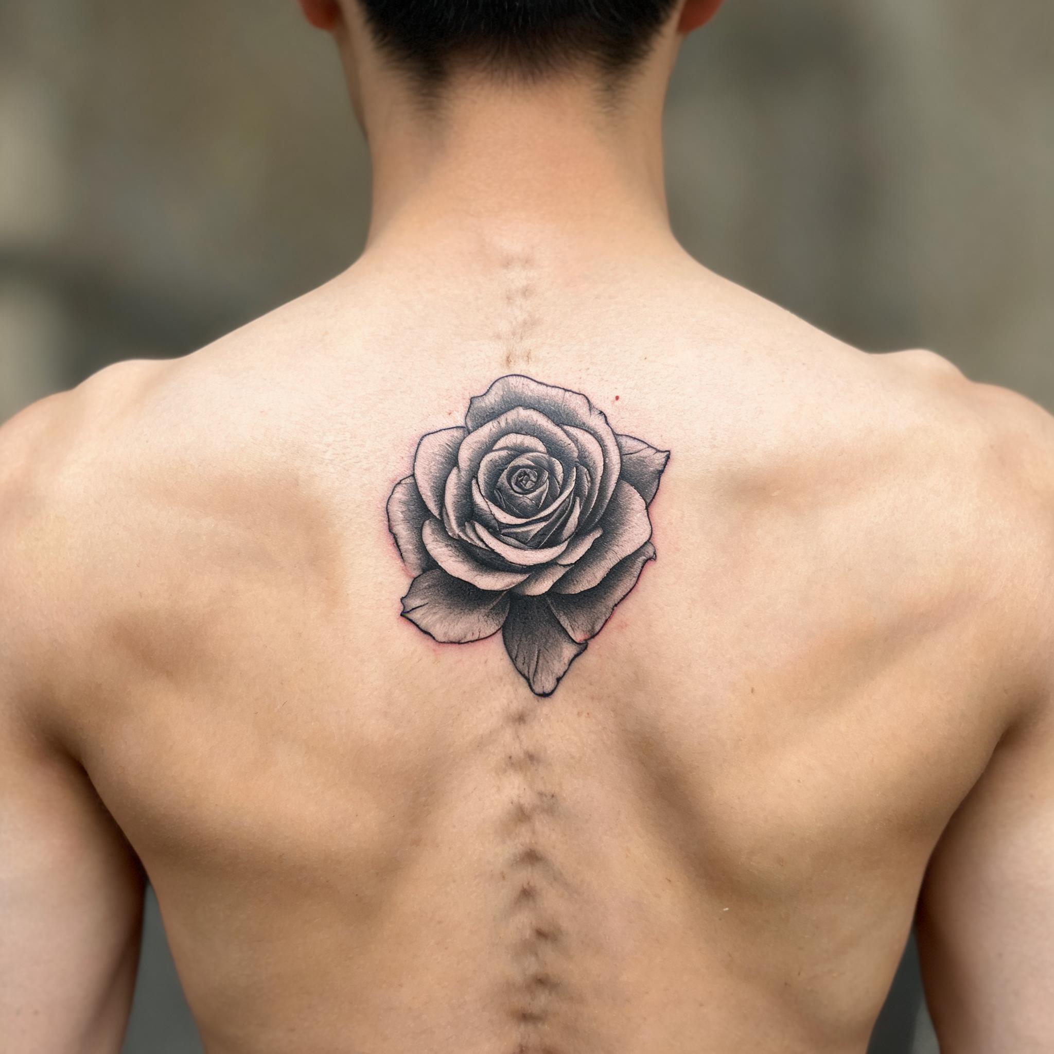 A black and grey flower tattoo image on a shoulder blade, rendered in realistic shaded detail against natural skin.