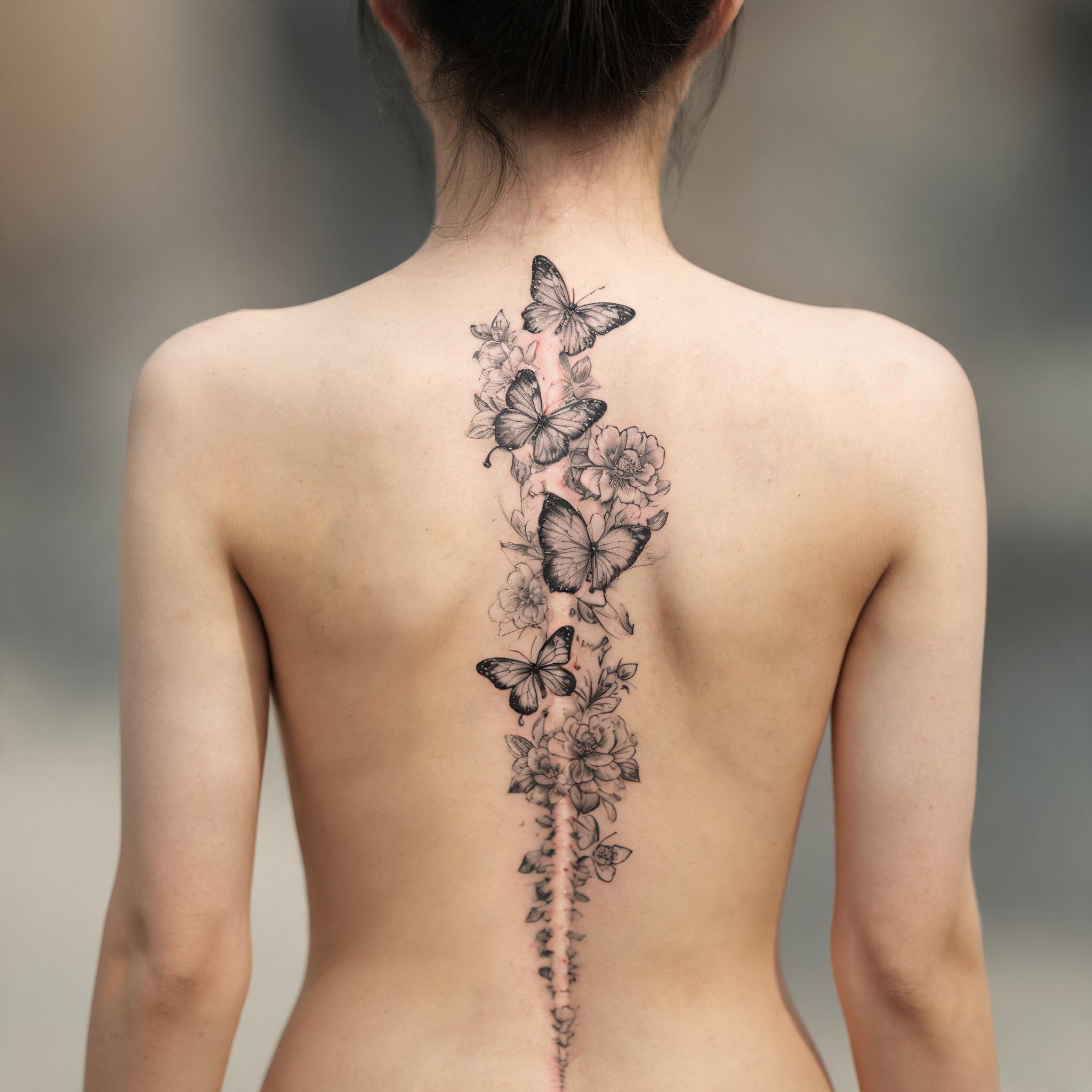 Illustrative black and grey flower and butterfly tattoo along the spine on a person's back, shown on white.