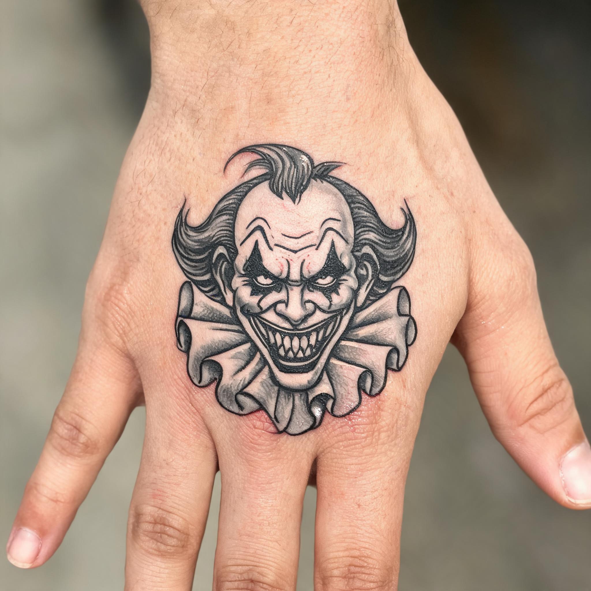 American traditional evil clown tattoo image on the back of a hand, bold black outlines and grey shading, shown on natural skin.