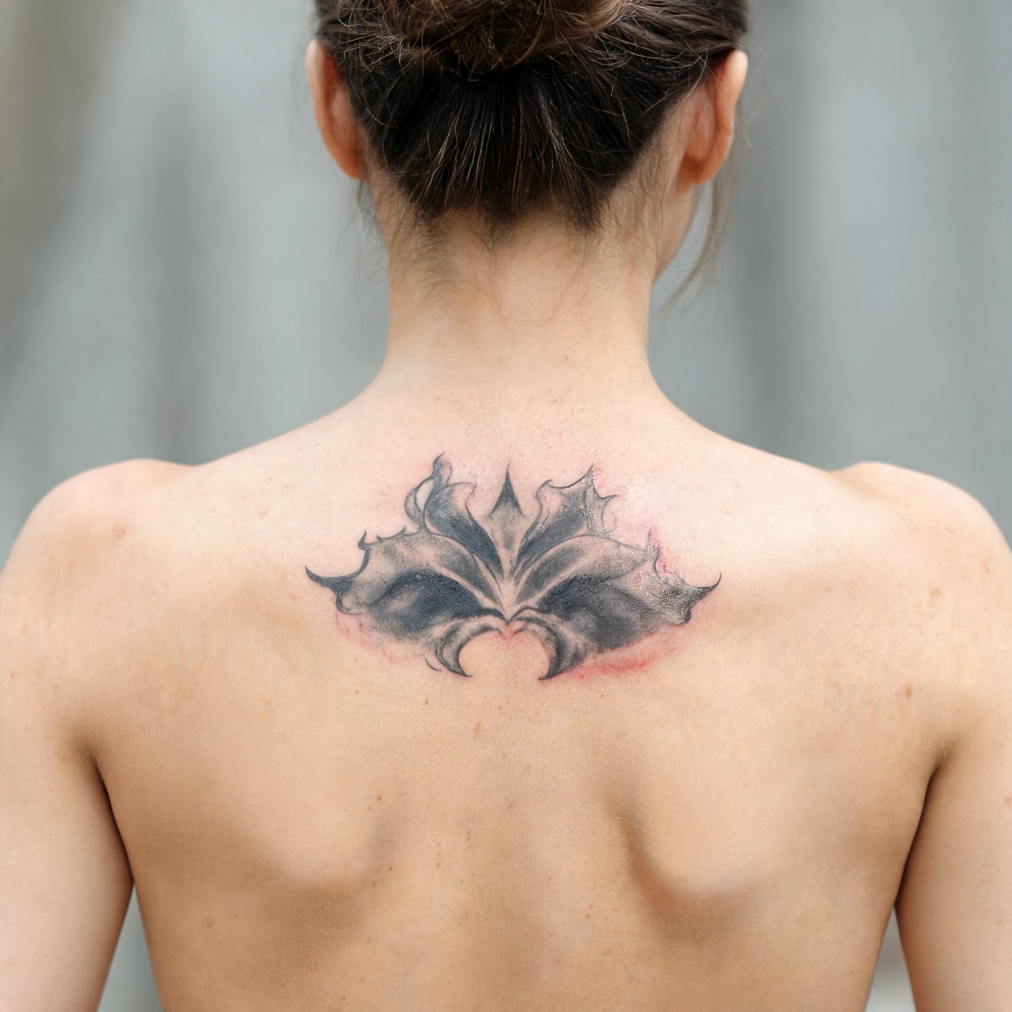 Black and grey realism tattoo of an altar image on a person's upper back, shown on skin against a plain background.