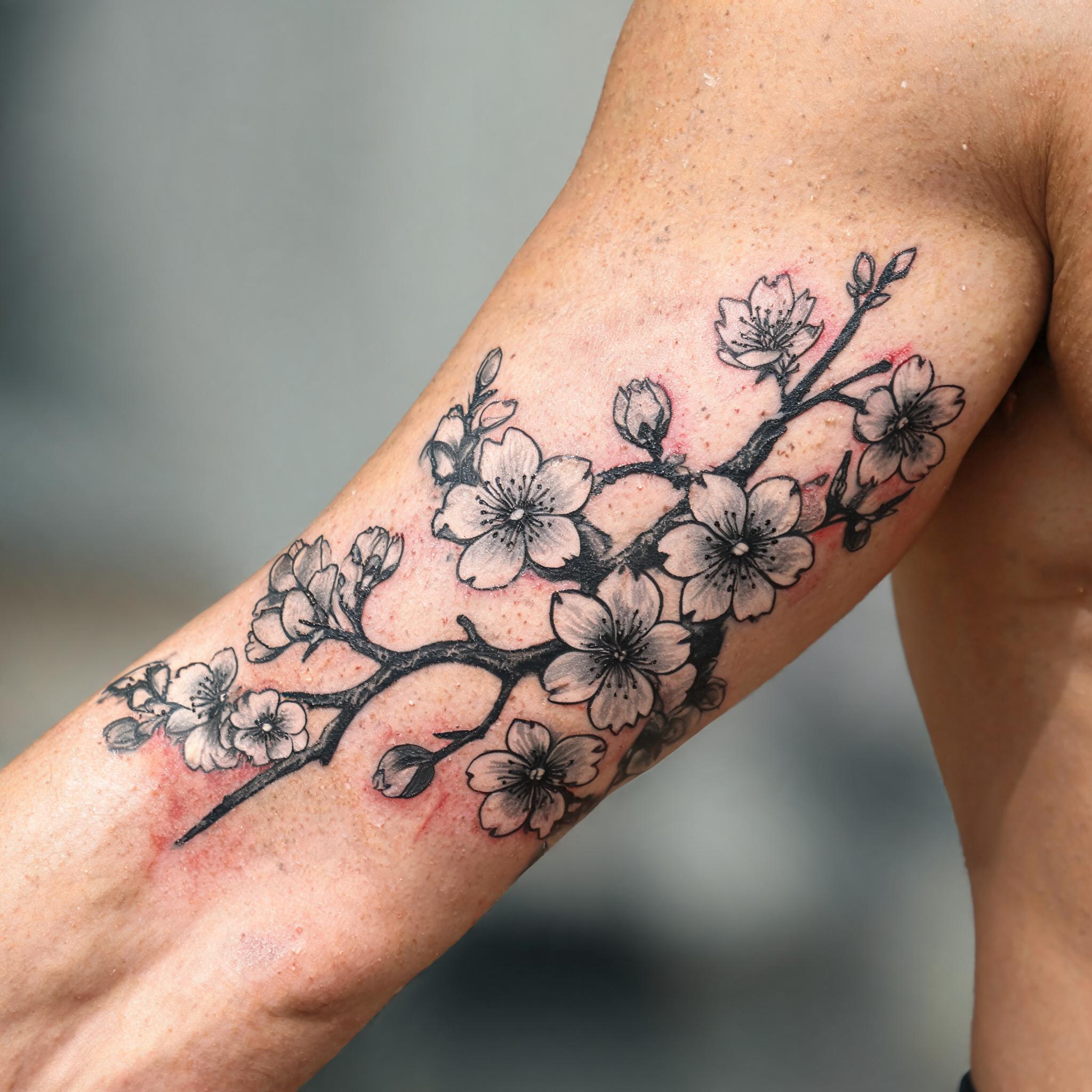 A black and grey cherry blossom tattoo image on the outer upper arm, shown in a close-up photo against a neutral background.