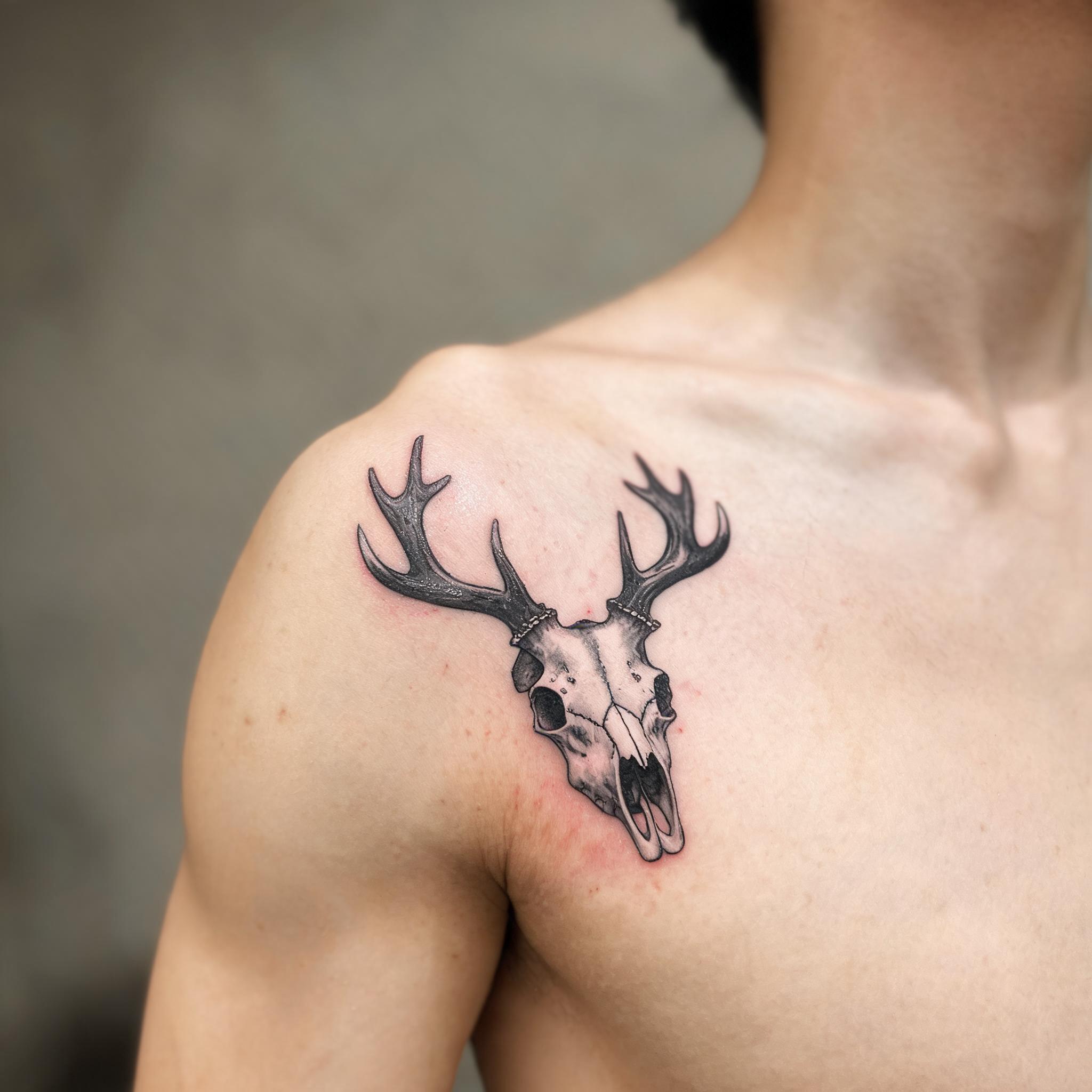 Realistic deer skull tattoo image on a shoulder cap, shown in lifelike black and grey detail on a plain background.