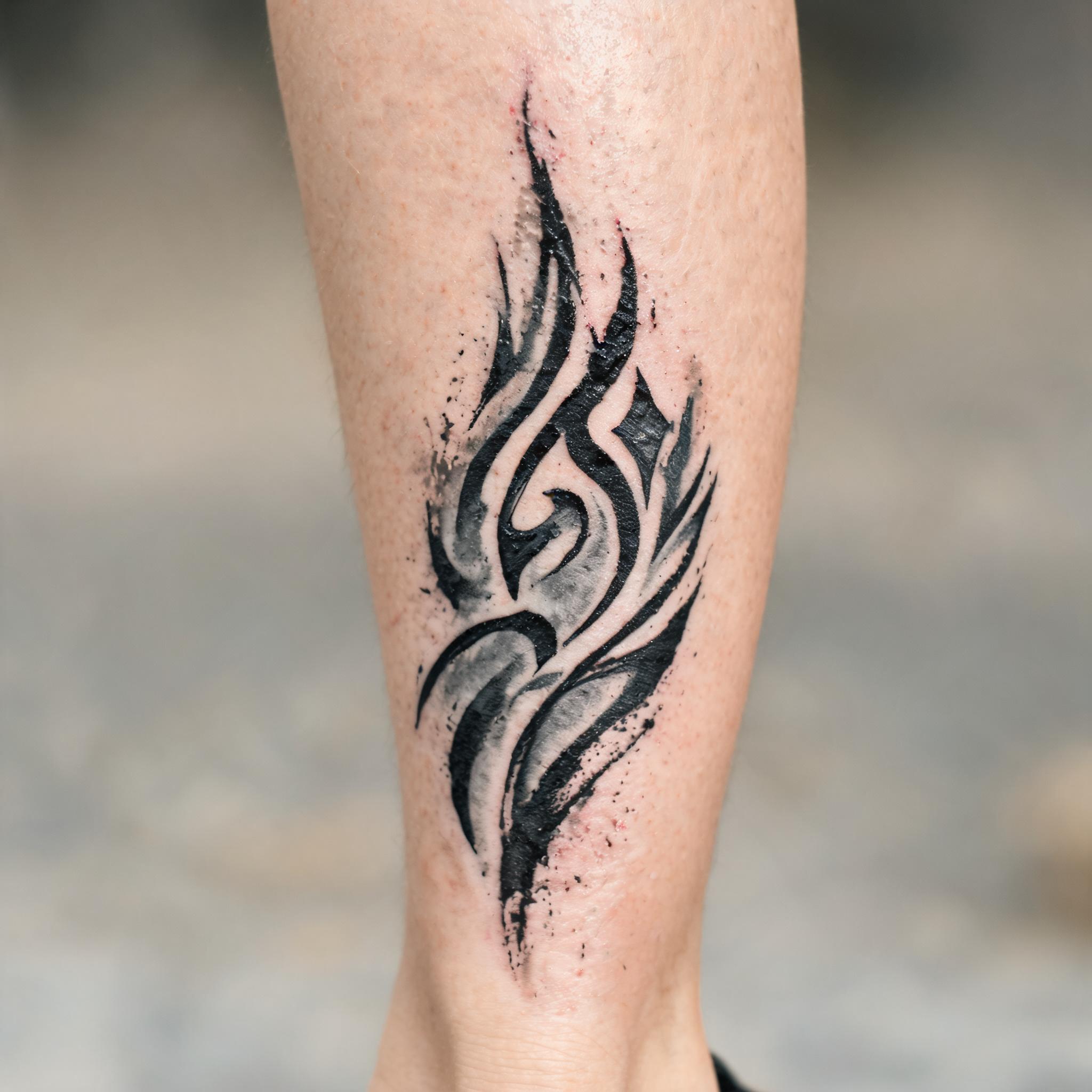 A black and grey tribal tattoo image on a shin, shown in trash polka style with bold strokes and splatter on a plain background.