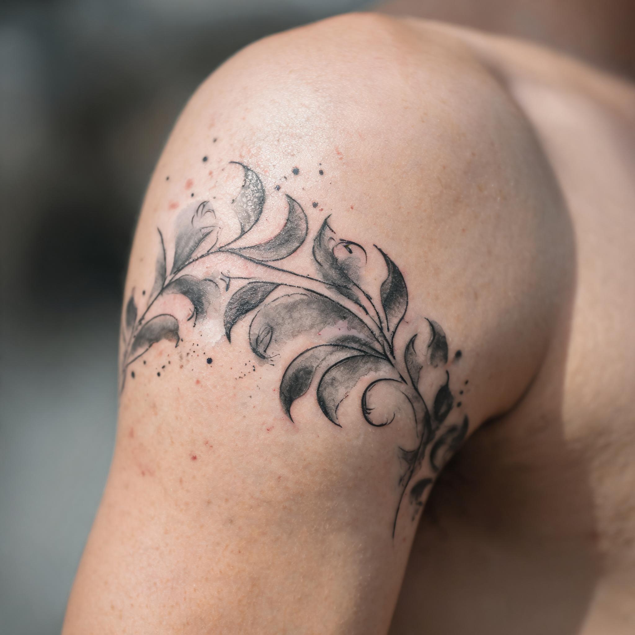 A watercolor-style tattoo image of henna-inspired motifs on the outer upper arm, shown on skin against a clean neutral background.
