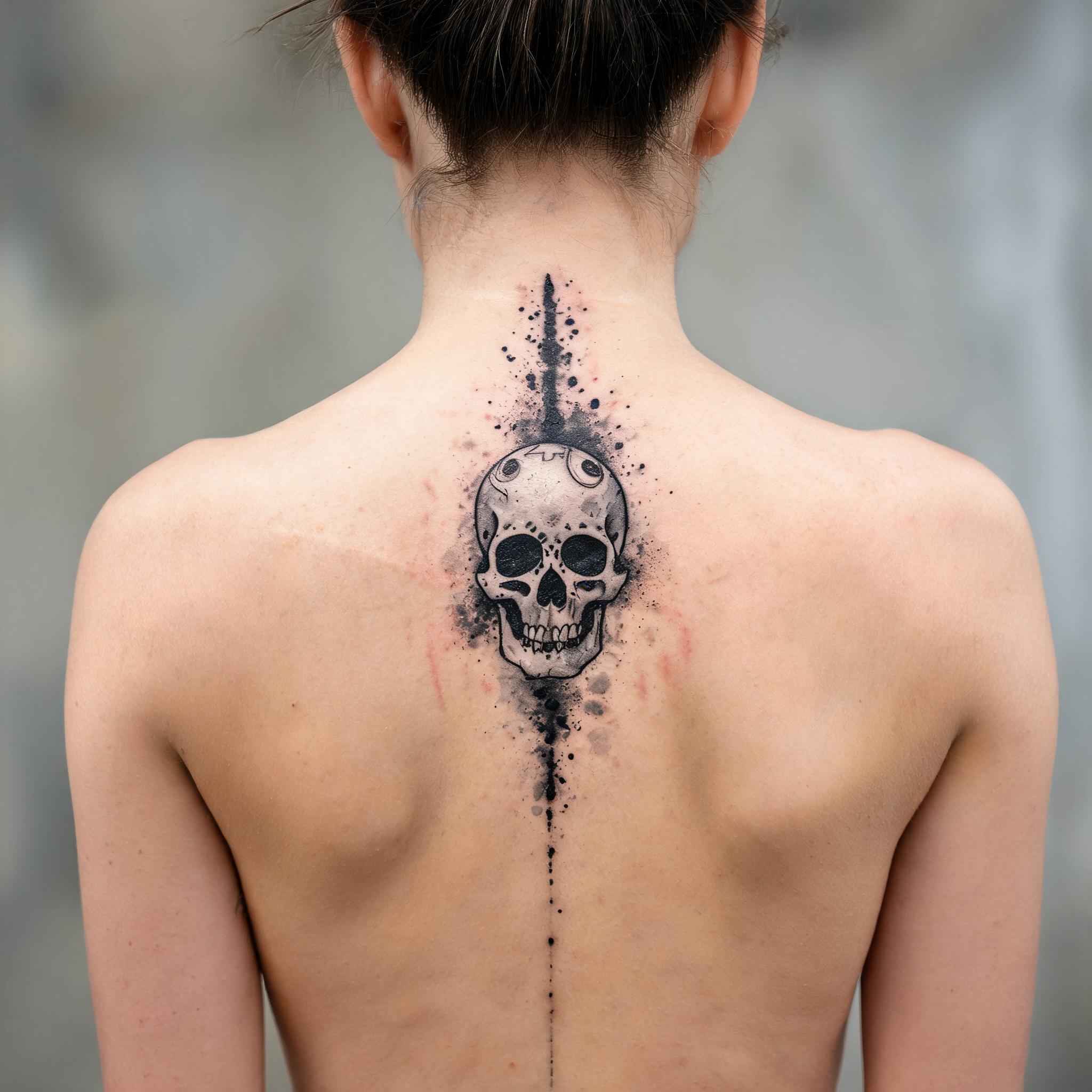 Sugar skull tattoo images in trash polka style on a spine, shown on a person's back against a neutral background as a tattoo photograph.