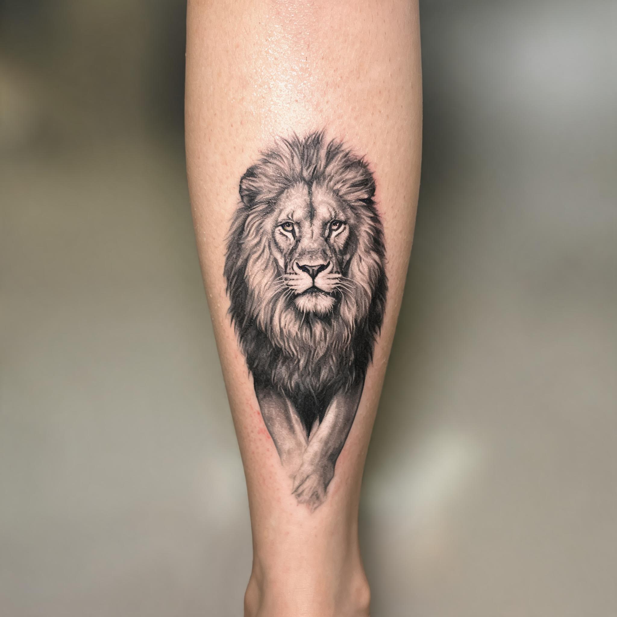 Color realism lion tattoo image on a shin, shown on skin against a clean neutral studio background.