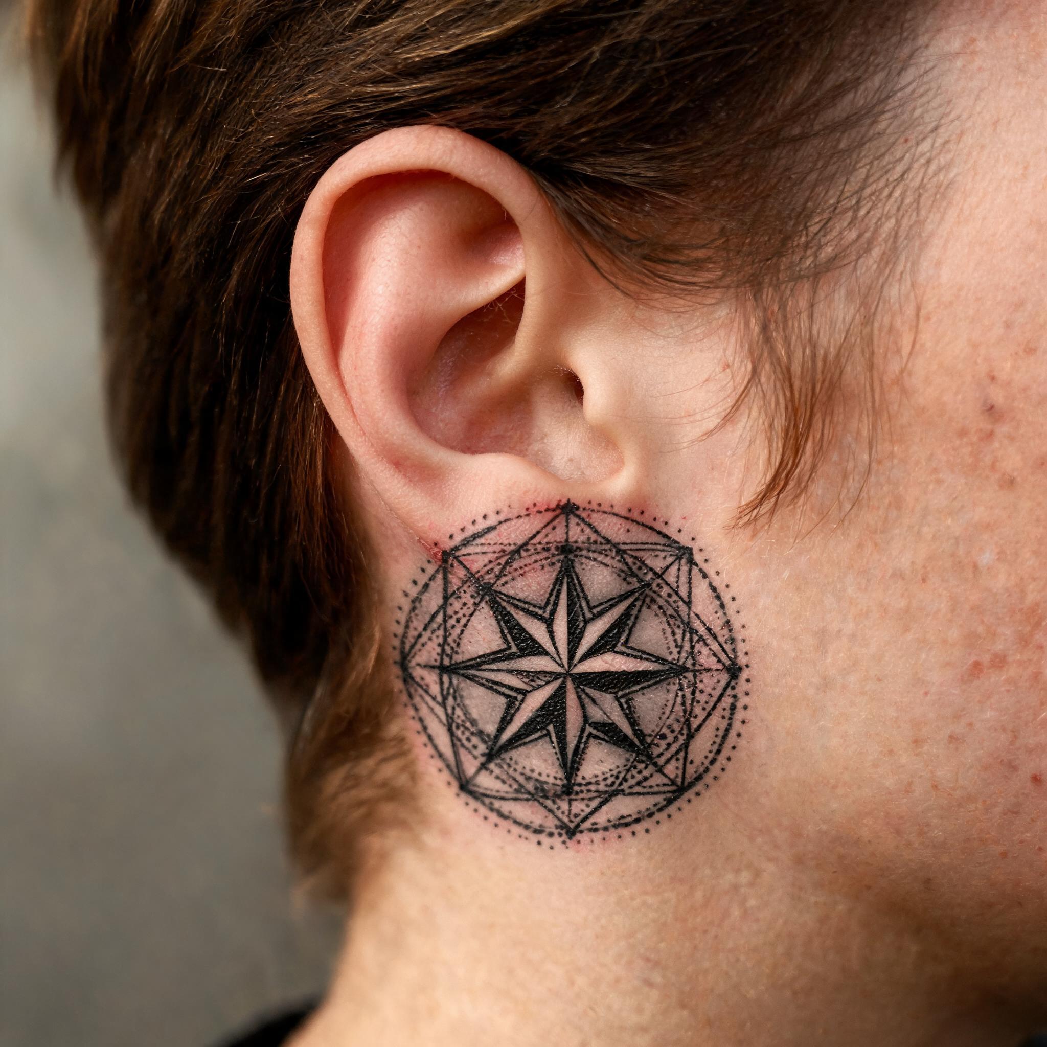 A black and grey geometric north star tattoo with dotwork shading shown behind the ear on real skin against a plain background.