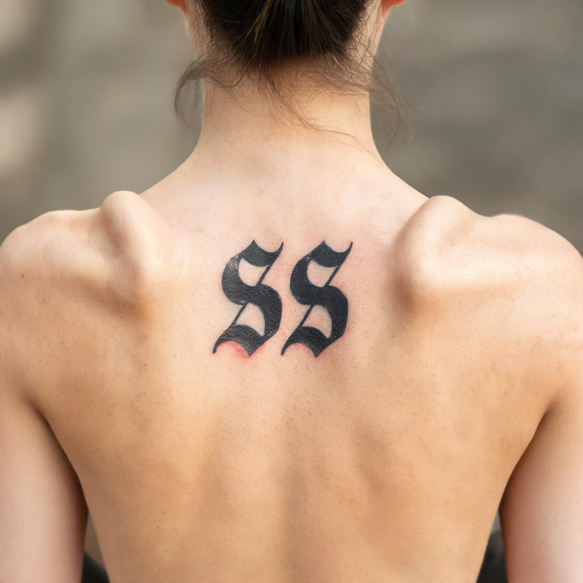 A black and grey realism tattoo image showing an 's s tattoo images' design placed across the upper back on a white background.