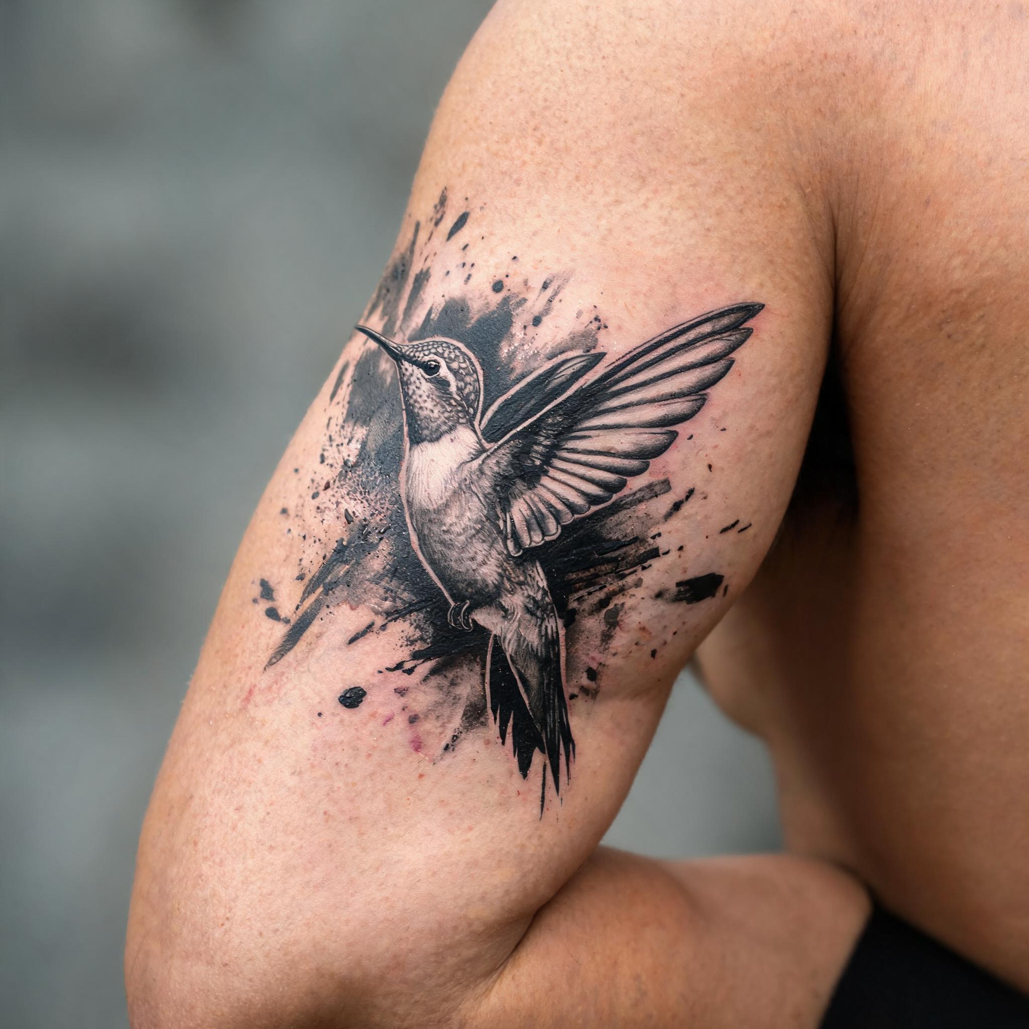 A black and grey trash polka hummingbird tattoo image shown on the outer upper arm against a clean neutral background.