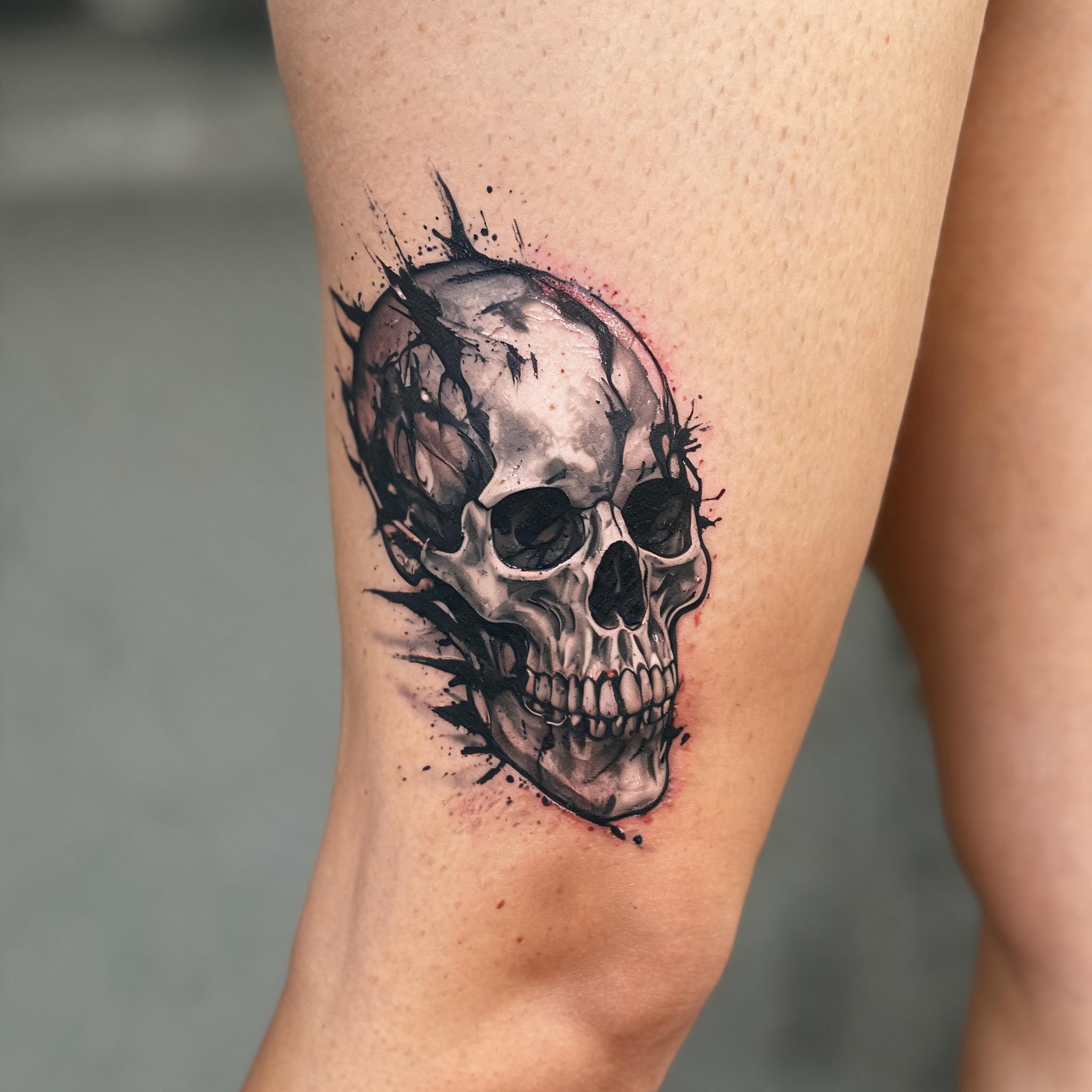 A black and grey trash polka horror tattoo image on the outer thigh, shown on skin against a clean neutral background.
