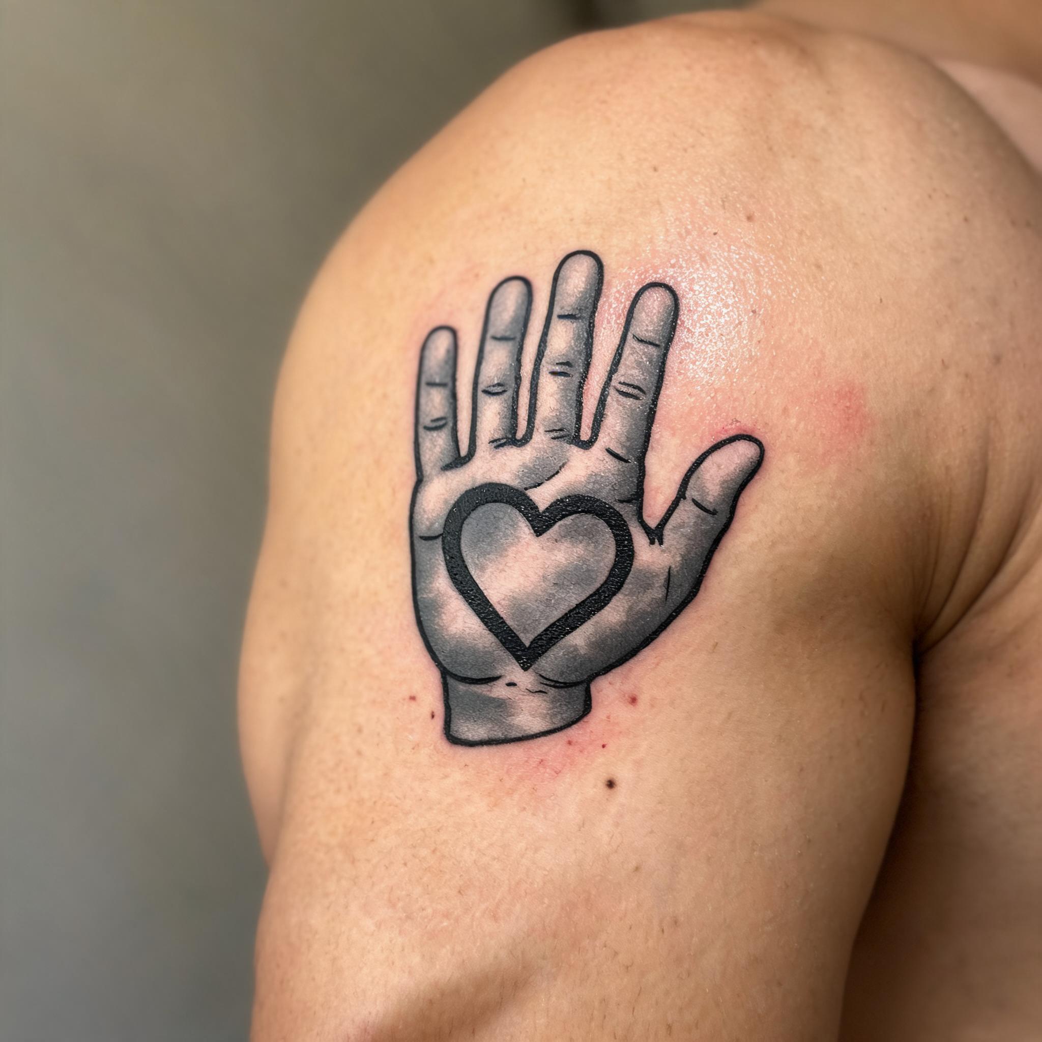 A handprint on heart tattoo image in American Traditional style on the outer upper arm, shown in black and grey on a clean neutral background.