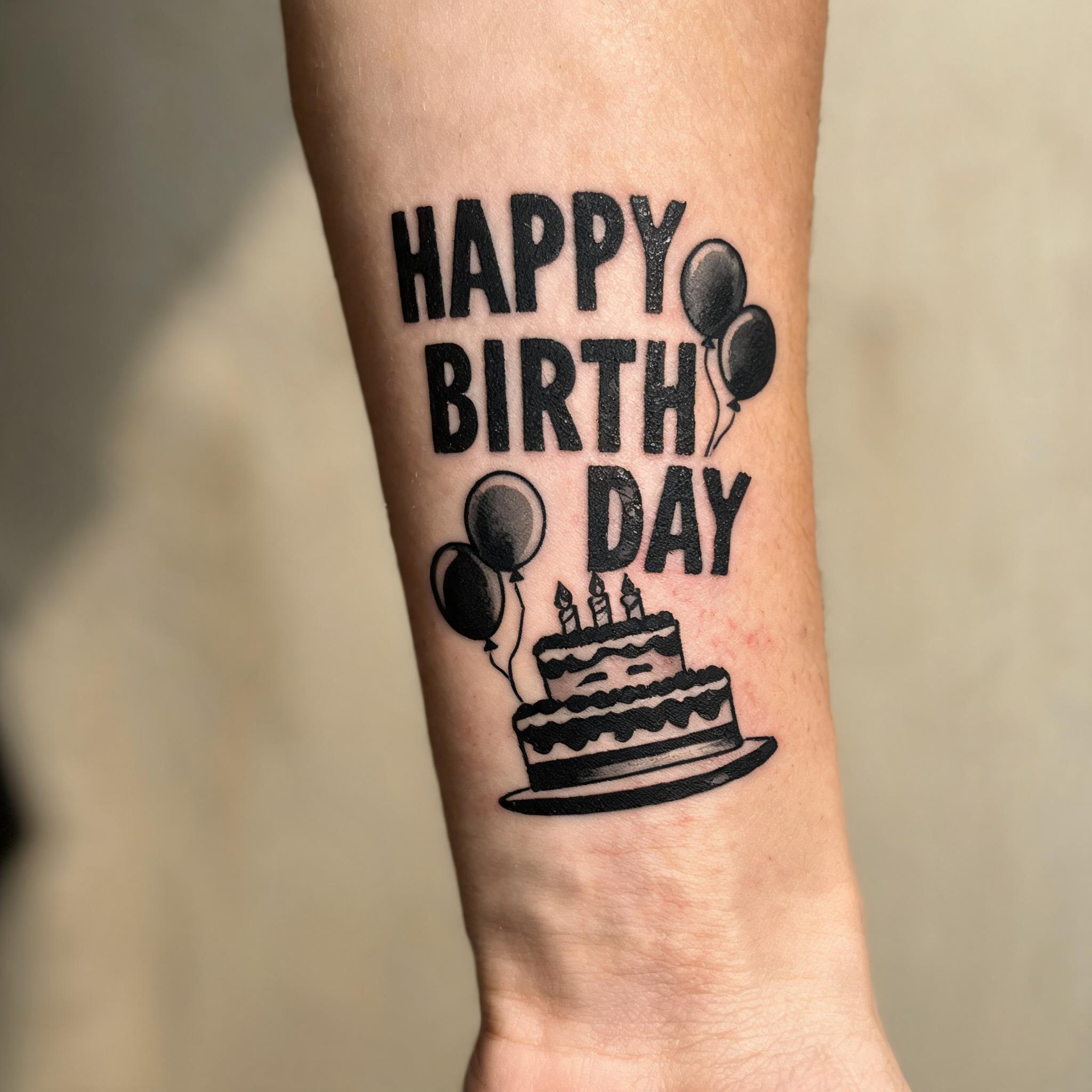 A blackwork tattoo image on an inner forearm featuring bold happy birthday motifs, shown on a clean white background as a tattoo design.