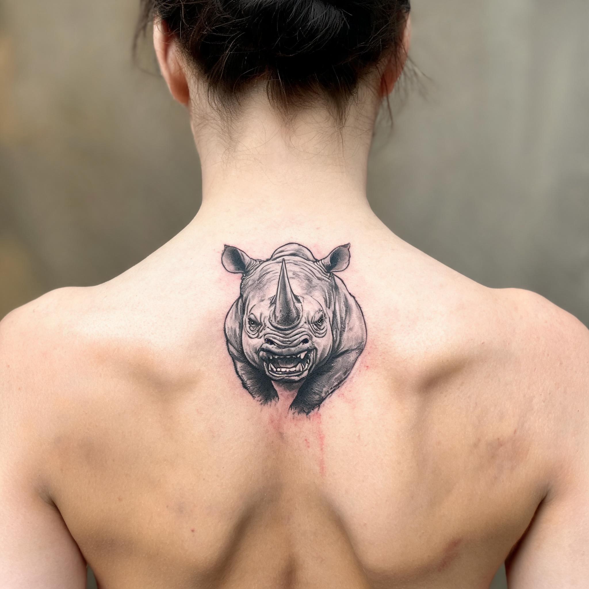 An illustrative rage rhino tattoo image in black and grey ink with expressive linework, shown on an upper back against a plain background.