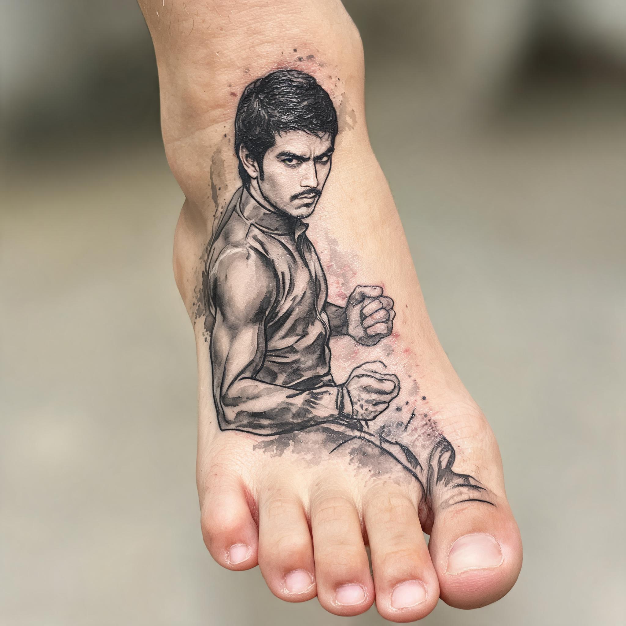 A black and grey watercolor tattoo of Ram Charan and Bruce Lee movie imagery shown on the top of a foot against a plain background.