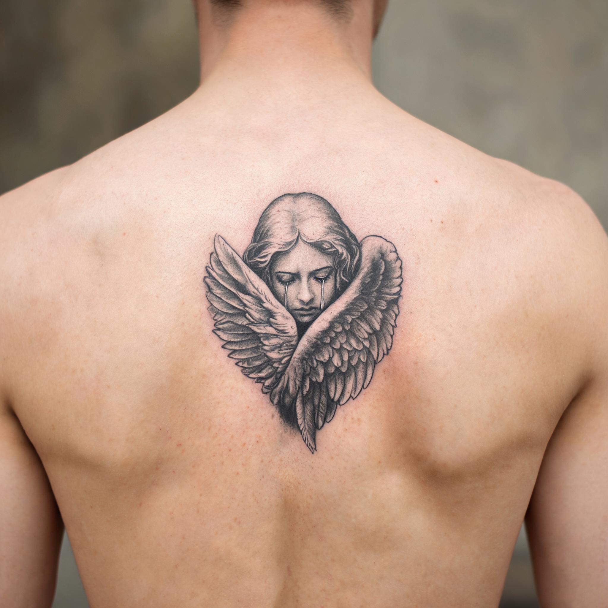 A colour realism tattoo image of a crying angel on a shoulder blade, shown on realistic skin against a clean neutral background.