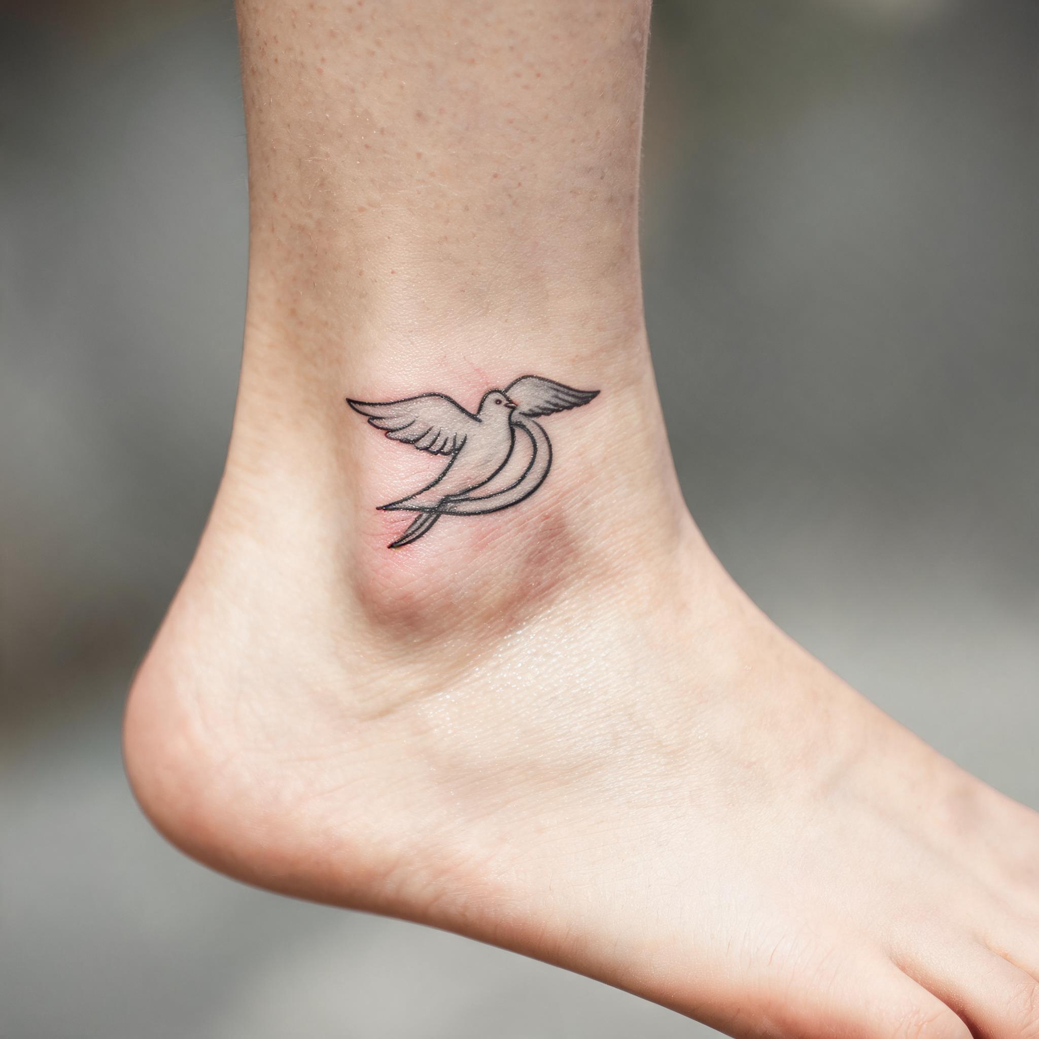 A minimalist dove tattoo image in black and grey ink on an ankle, shown against a clean white background for tattoo inspiration.
