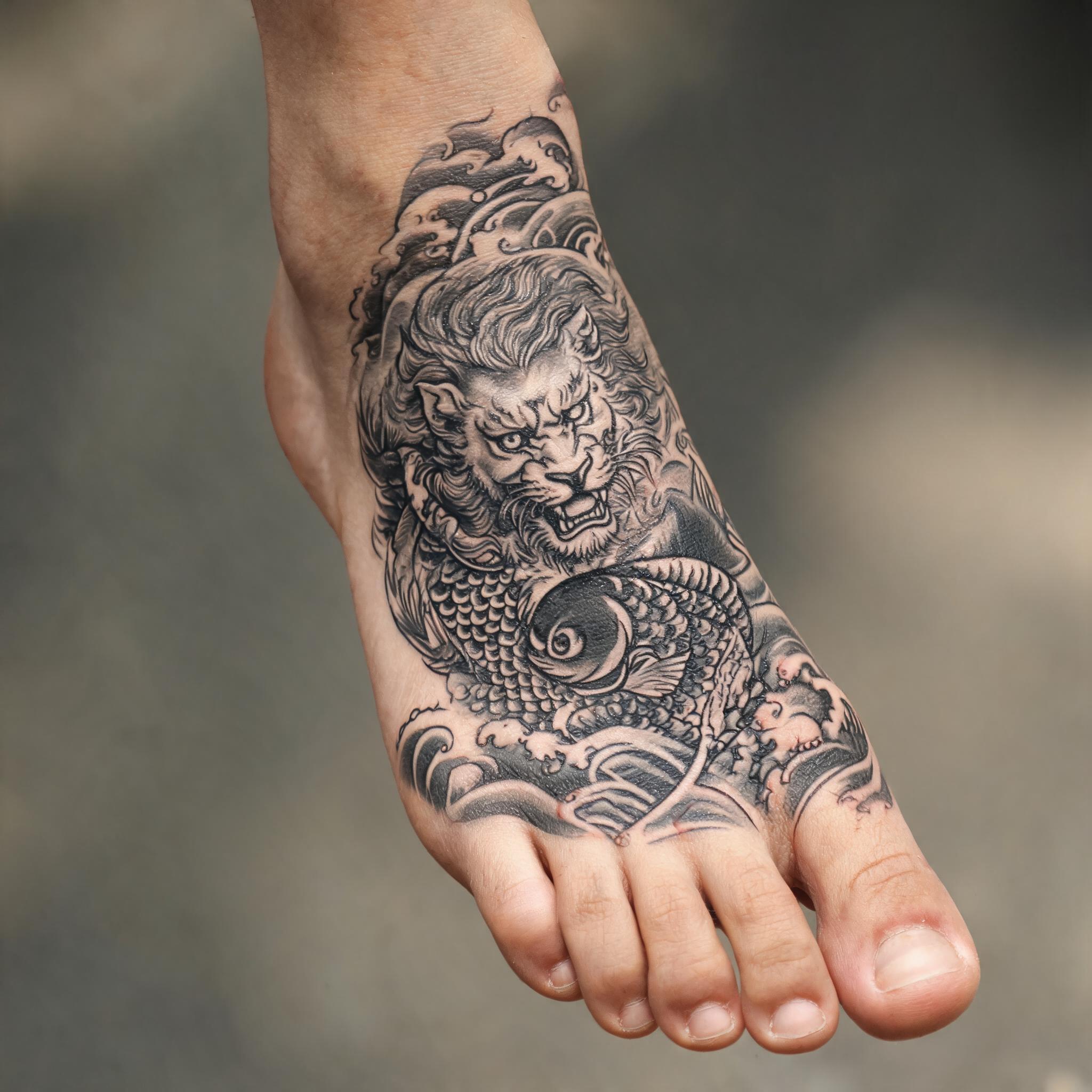 Black and grey Japanese irezumi Indian lion tattoo image inked on the top of a foot, shown on clean white background.