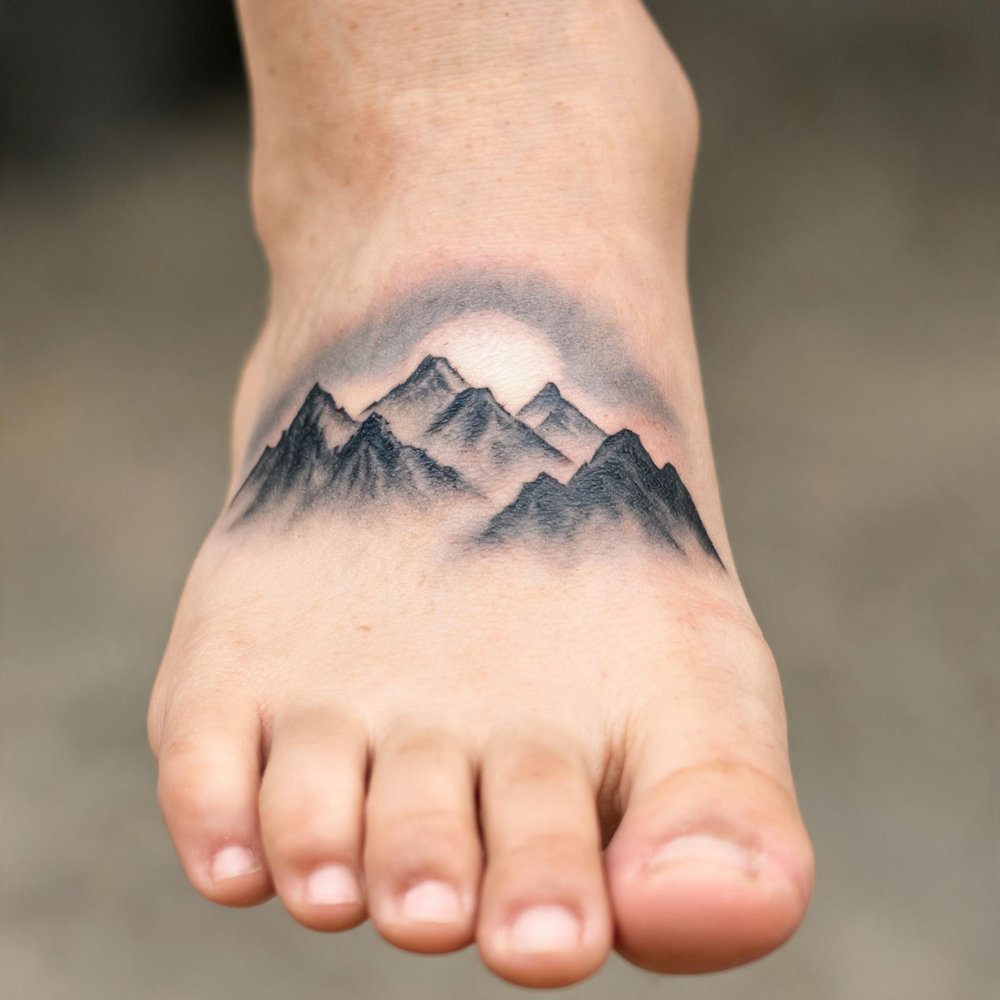 Black and grey realistic mountain sunrise tattoo on the top of a foot, shown on a clean white background as a tattoo image.